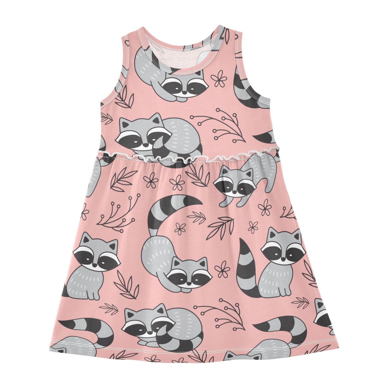 Aflyko Cute Animal Girls Dresses Raccoon Pink Leaves Summer Sleeveless Dress Casual Fit Toddler Playwear Infant Lovely Everyday Wear Themed Birthday Party Dress 3T