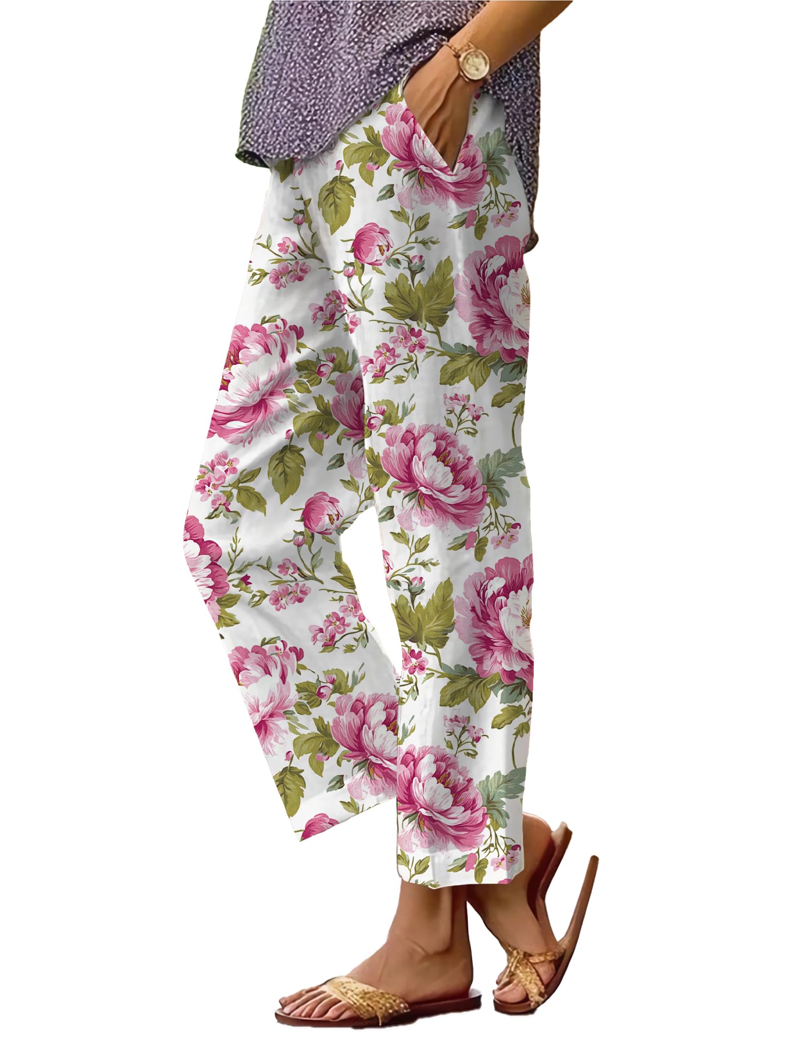 Summer Linen Pants for Women Wide Leg Boho Pants Loose Palazzo Pants Floral Pants with Drawstring and Pockets