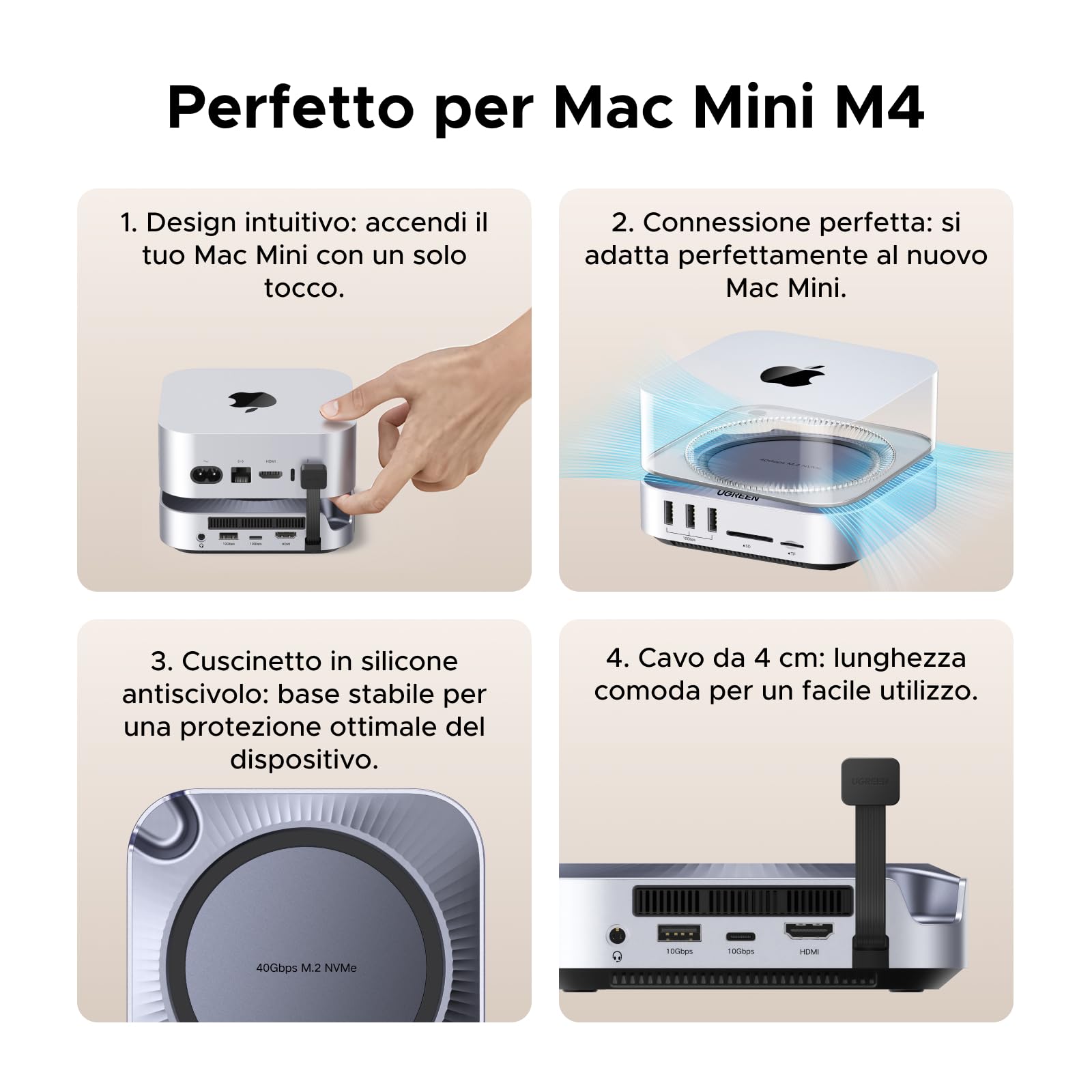 UGREEN USB4.0 40Gbps Docking Station Compatibile con Mac Mini M4 e M4 Pro con Case M.2 NVME SSD 10 in 2 Dock Hub USB C HDMI 8K 30Hz 4K 144Hz 5 Porte USB 10Gbps Lettore di Schede SD TF 4.0 3,5mm