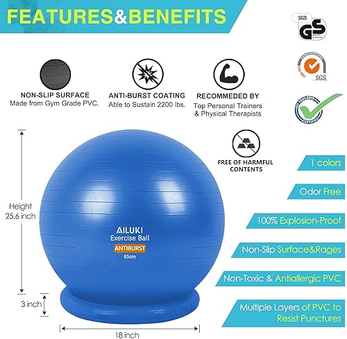 Miniatura 5 de Pelota de yoga, pelota de ejercicio de 25.6 in, pelota de estabilidad, antideslizante y antiestallidos para yoga, pilates, parto, equilibrio y