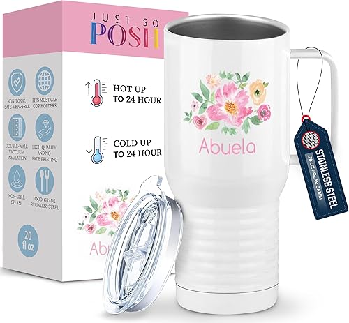 Abuela Flowers - Vaso de café de viaje con asa y tapa deslizante, color blanco de 20 onzas, color camello polar, acero inoxidable, aislado al vacío