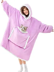 JOYWOO Purple Oversized Wearable Blanket Hoodie, Cat lovers Long Hoodie Blanket for Adult,Birthday Gifts for Women Men Mom,Cozy Fuzzy Sherpa Fleece Hooded Blanket Giant Pocket Gifts,Purple Oversize