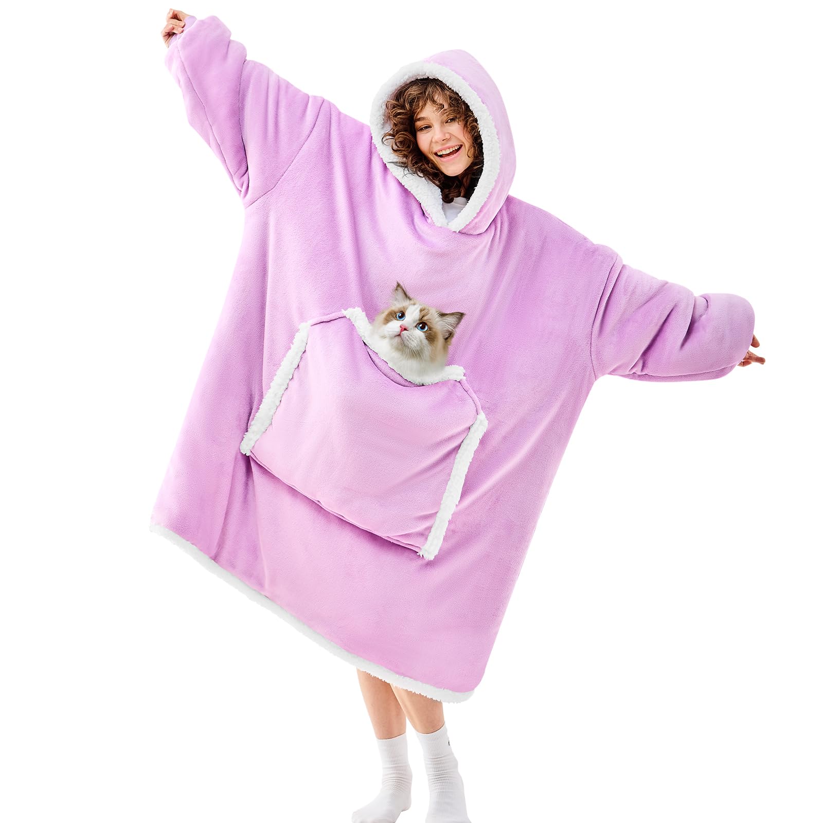 JOYWOO Purple Oversized Wearable Blanket Hoodie, Cat lovers Long Hoodie Blanket for Adult,Birthday Gifts for Women Men Mom,Cozy Fuzzy Sherpa Fleece