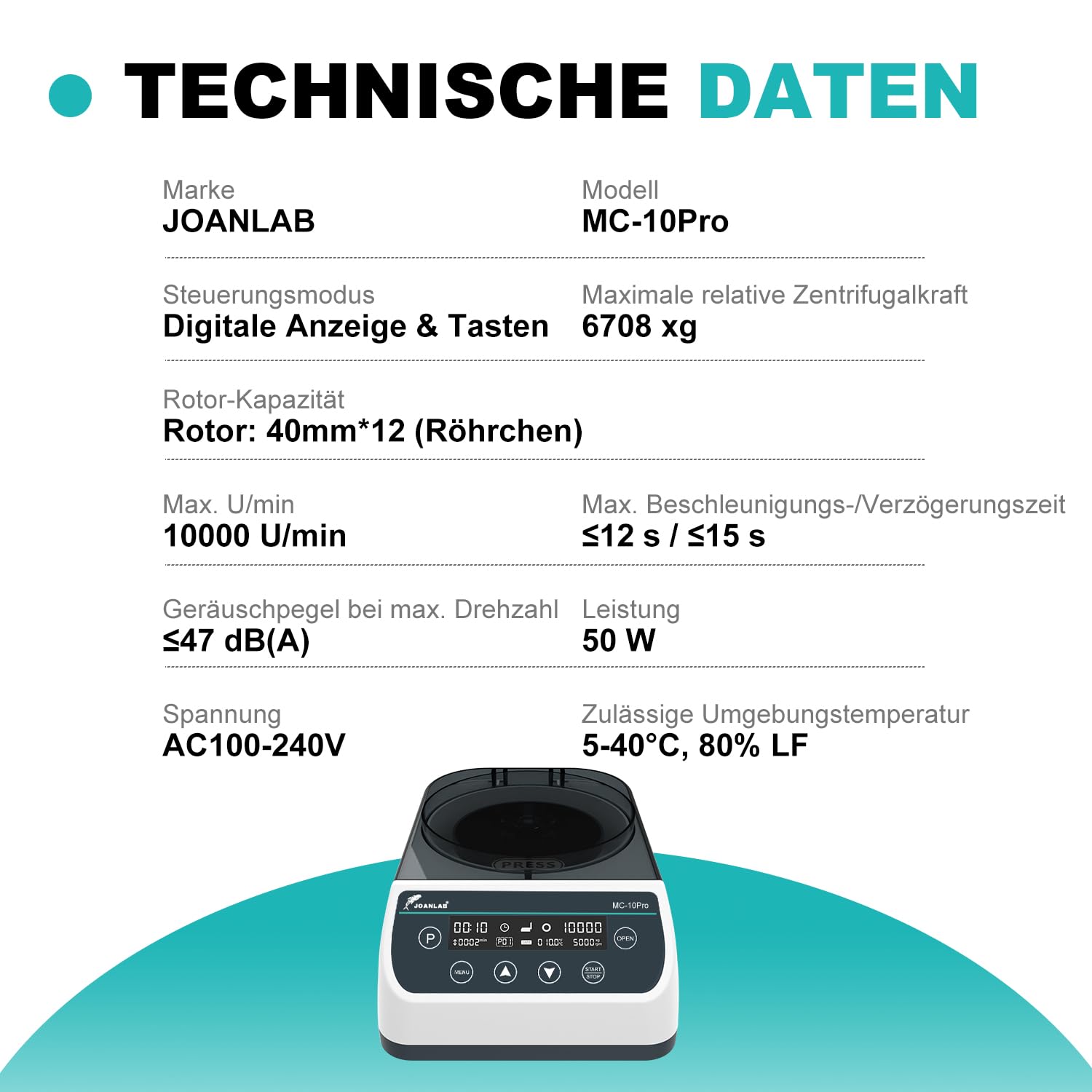 JOANLAB Hochgeschwindigkeits-Mikrozentrifuge 10000 U/min, LCD-Anzeige - mit Mikro-Rotor (40mm, Φ1,5mm) & Rotor für 0,2/0,5/1,5/2ml Probenröhrchen, für Labor