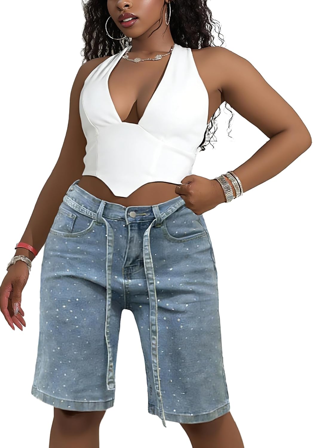 Tbahhir Women’s High Waist Sparkly Denim Shorts Rhinestone Glitter Bodycon Straight Leg Cargo Jean Shorts with Belt