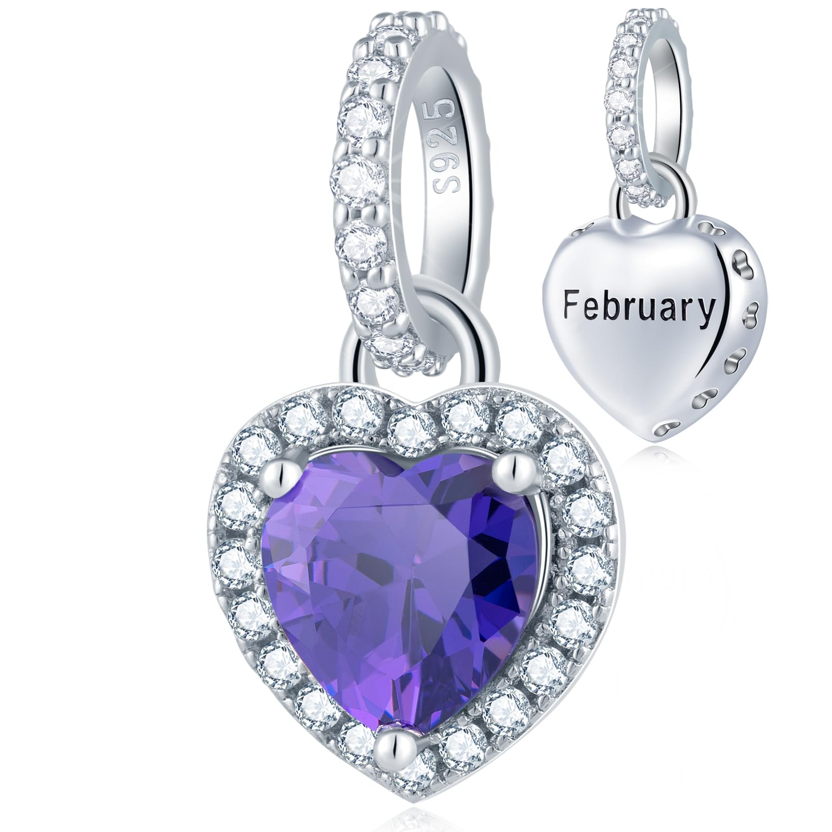 CHAWIN Birthstone Charms, 925 Sterling Silver Heart Dangle Charm, Sparkling CZ Compatible with Pandora Charm Bracelet, Necklace, Birthday Gifts for