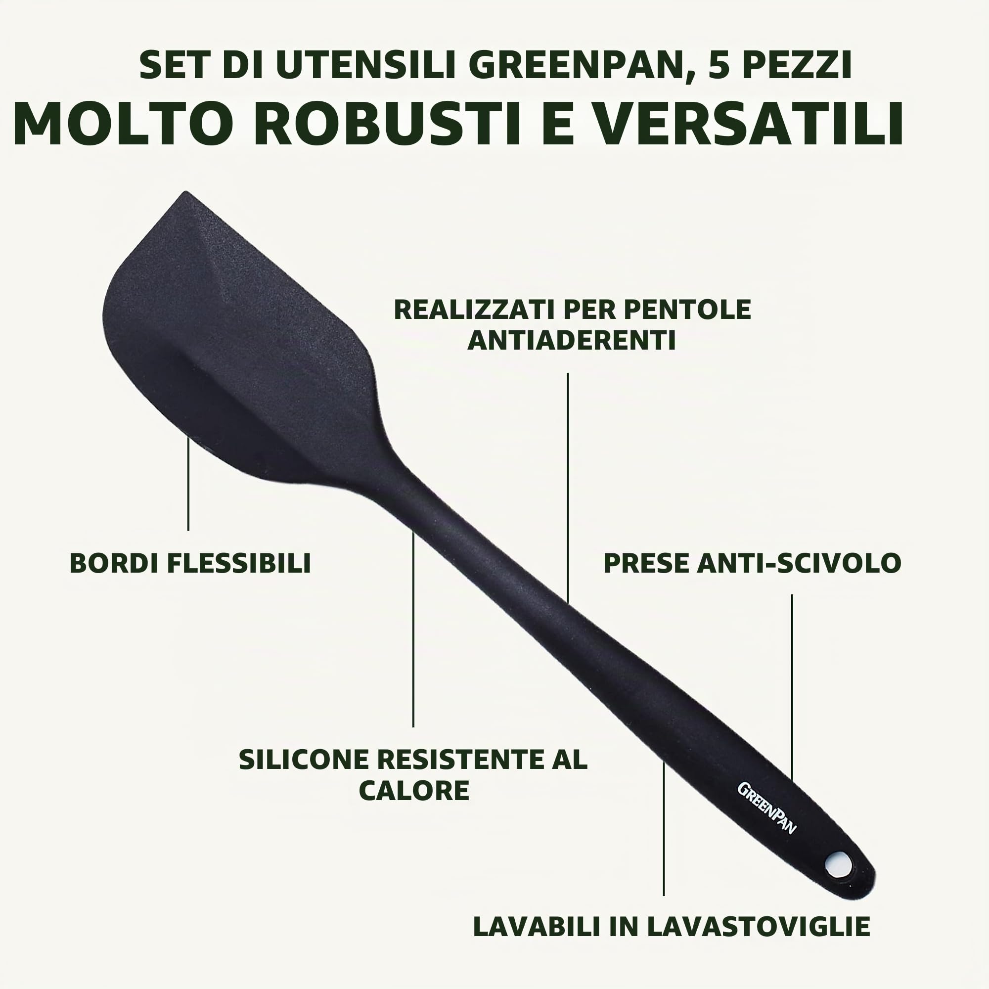 GreenPan Set di utensili da cucina, 5 pezzi, nero