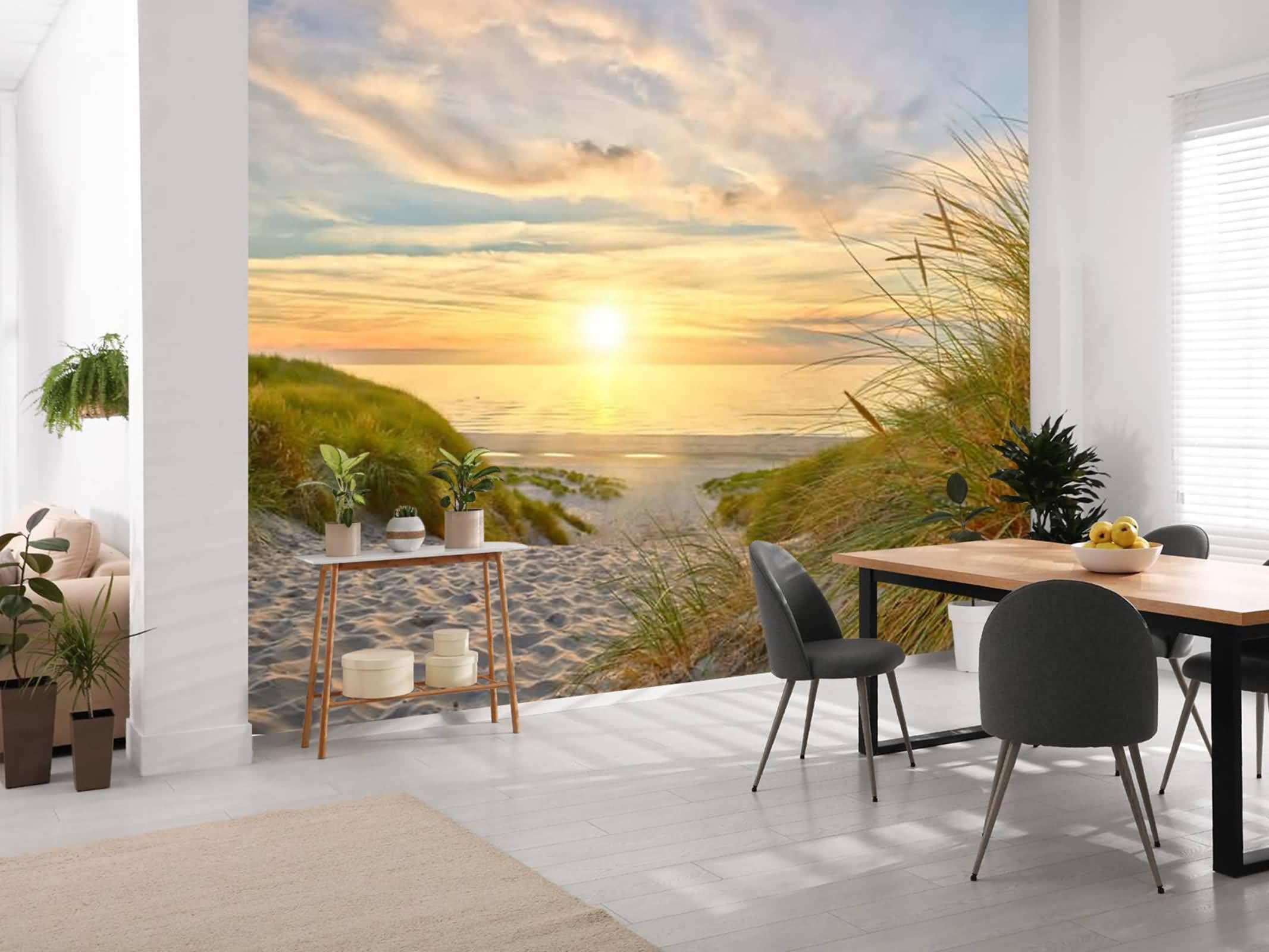 Musihy Tapisserie murale - Motif paysage de mer - 300 x 256 cm - Scène de coucher de soleil sur la mer - Pour salon, décoration d'intérieur - Jaune/vert/beige