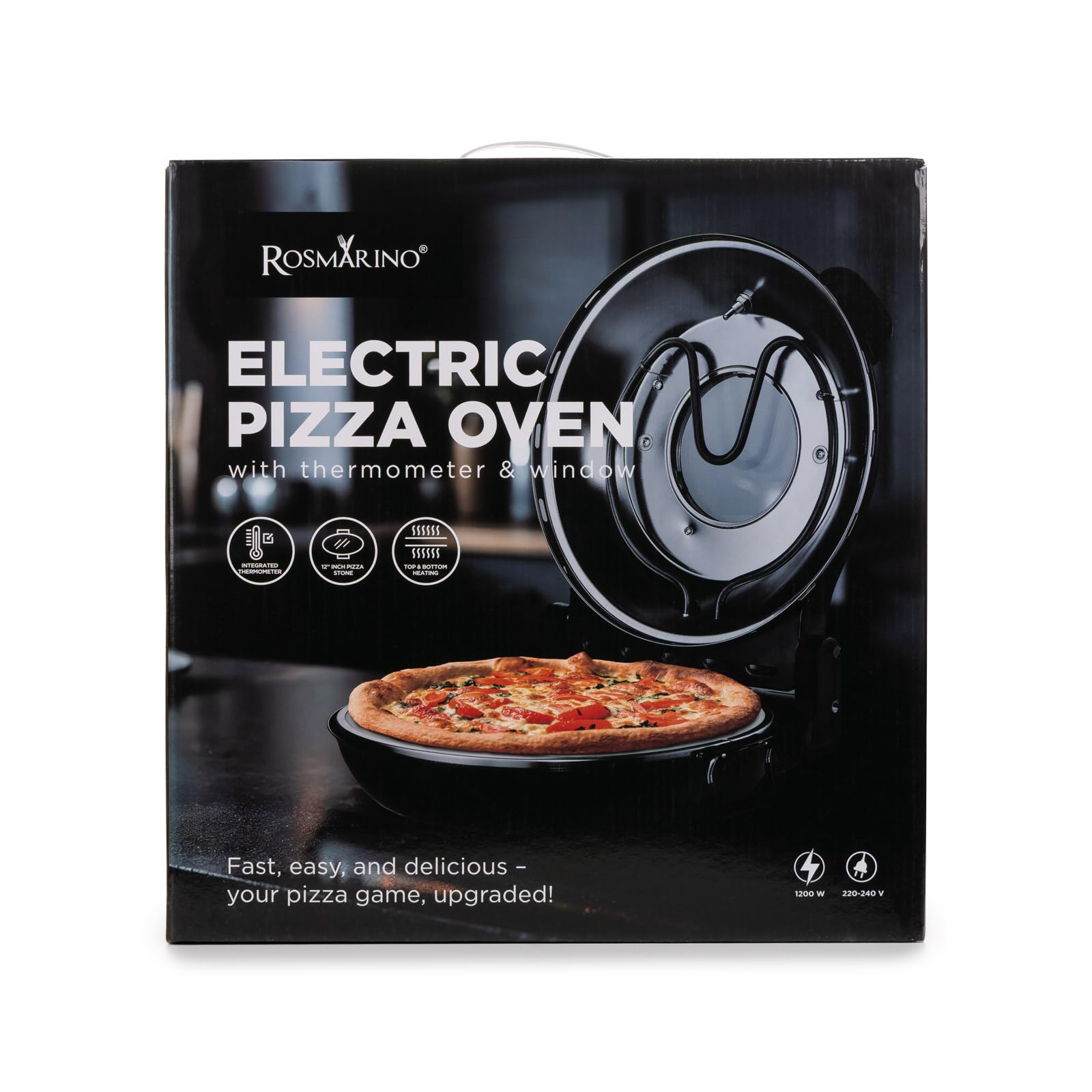 ROSMARINO Elektrischer Pizzaofen bis 400°C mit 30cm Pizzastein, 1200W Dual-Heizung oben & unten, Sichtfenster & Thermometer, Pizza Maker für authentische Pizza zuhause