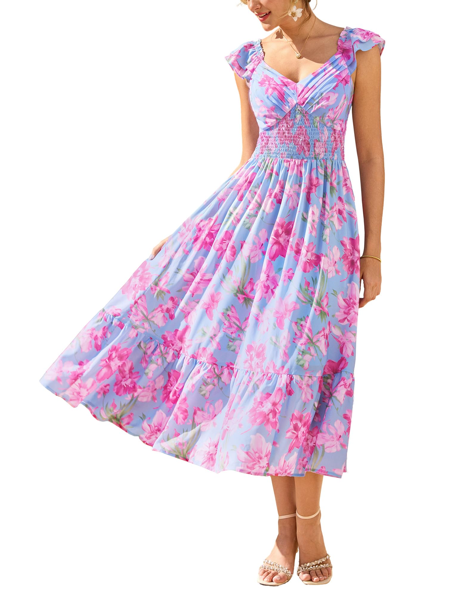 GRACE KARIN Women's Summer Floral Maxi Dress 2026 Ruffle Sleeve Smocked Sundress Flowy Wedding Guest Long Dresses Blue Pink L