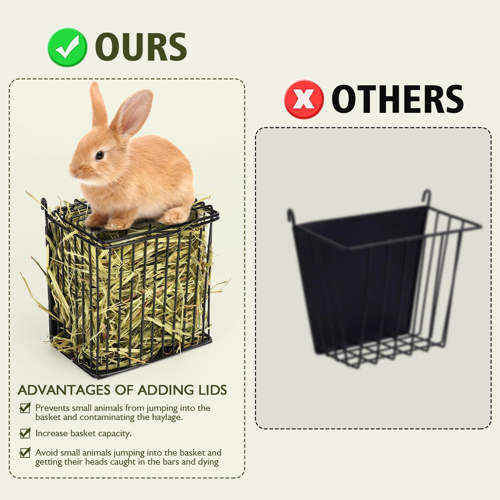 New Upgraded Rabbit Hay Feeder,Comes with Lid to Prevent Critters from Jumping in,Metal Frame Hay Rack with Adjustable Hook,for Rabbits Guinea Pigs Bunny Chinchillas Small Animals (Black) - image 2