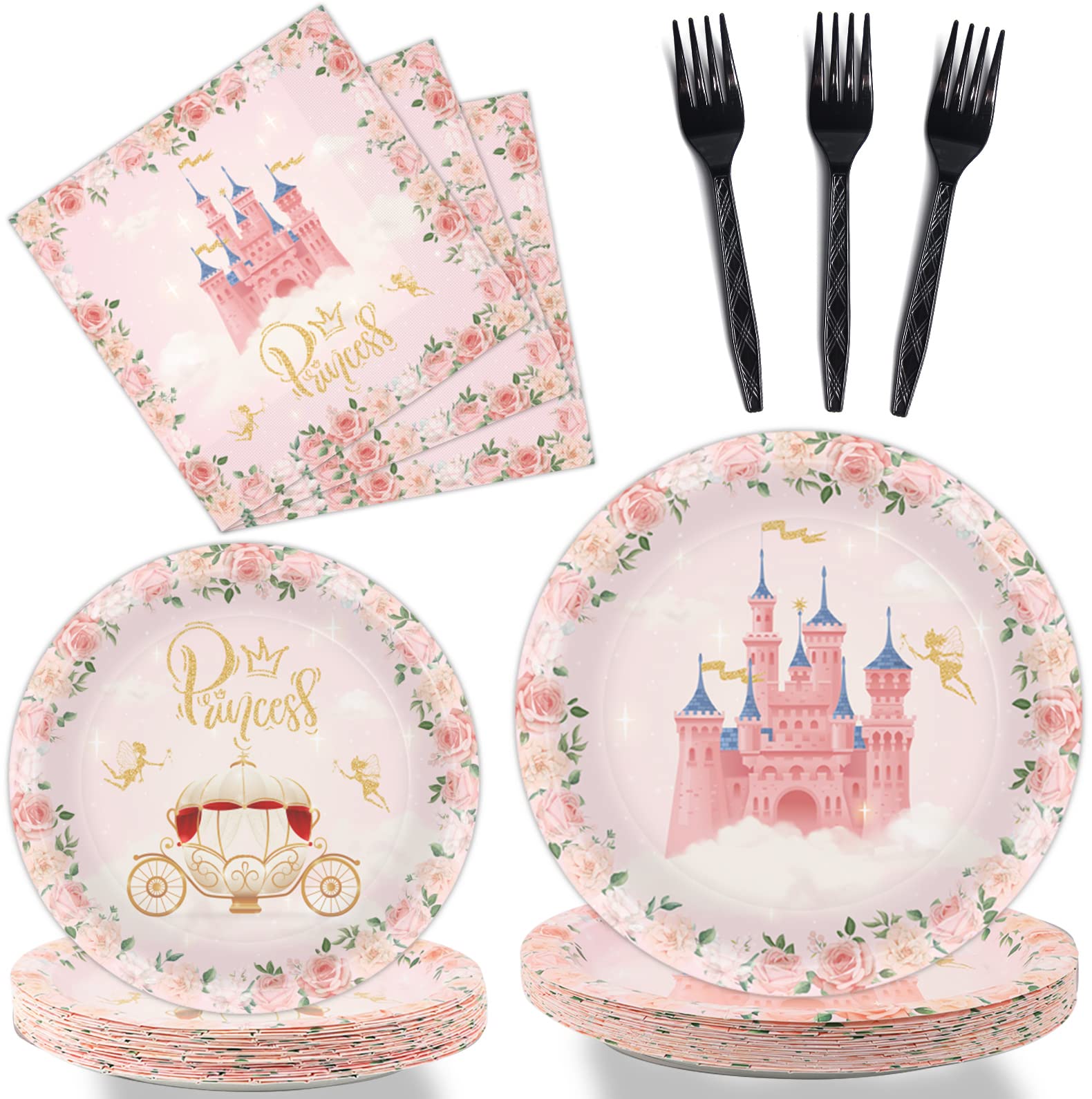 gisgfim 96 Pcs Princess Party Plates and Napkins Party Supplies Pink Floral Princess Parties Tableware Set Princesses Parties Decorations Favors for Girls Birthday Baby Shower Serves 24