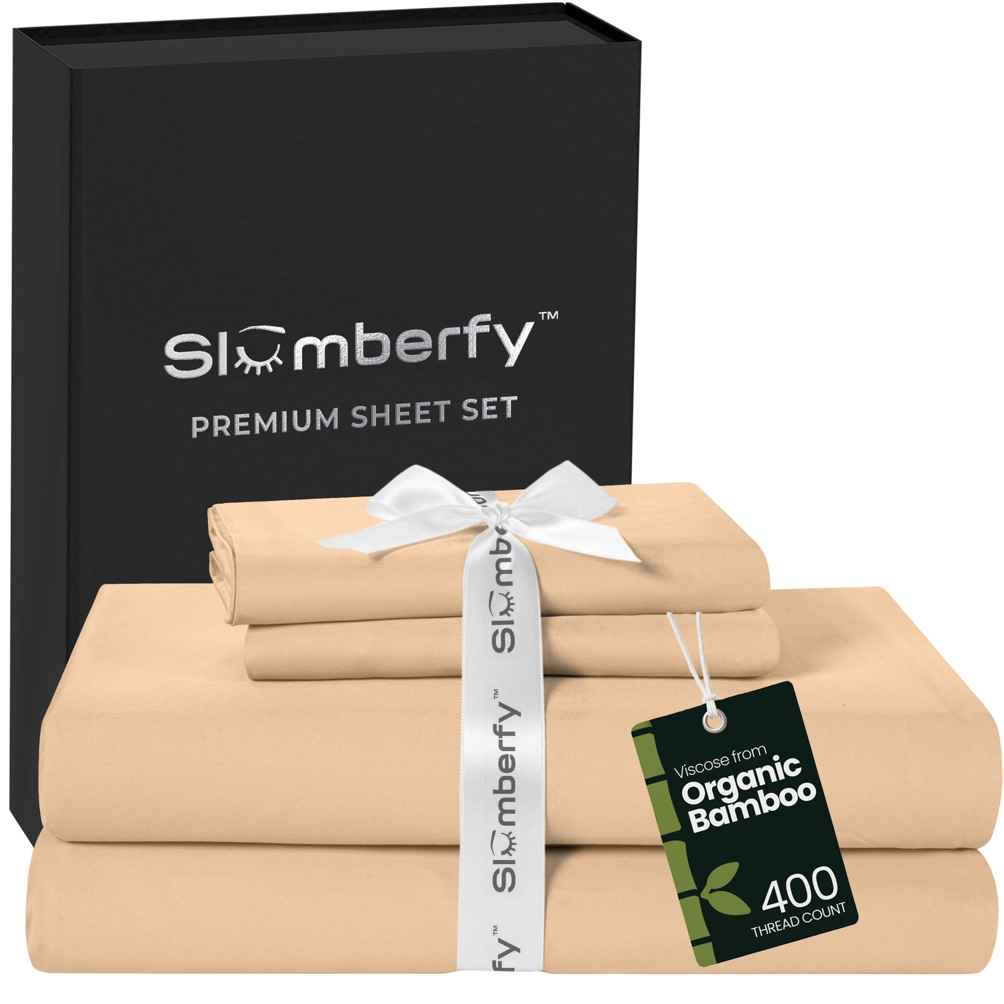 Slumberfy 4-Piece 400 TC Viscose Derived from Bamboo Sheets, Cal-King Size - 1 Fitted, 1 Flat, 2 Pillow Cases - Deep Pocket Cooling Viscose-Bamboo Bed Sheets in Magnetic Closure Gift Box, Sand