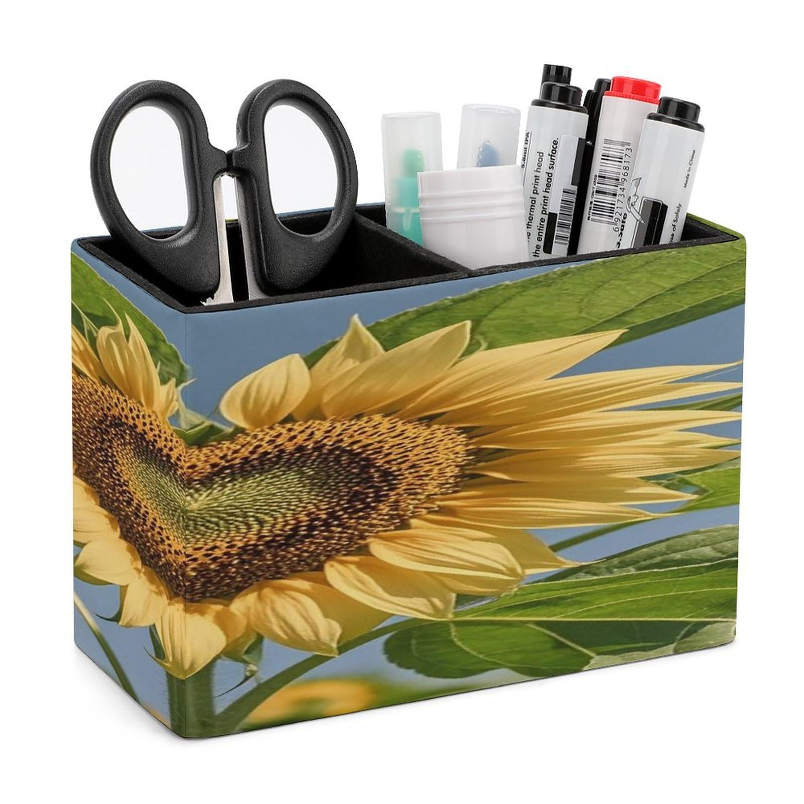 LZQPOEAS Heart Shaped Sunflower Leather Pen Holder with 2 Compartments Luxury Pencil Holder Minimalist Pencil Cup Brush Scissor Holders Elegant Pen Cup for Office Home Desk Accessories