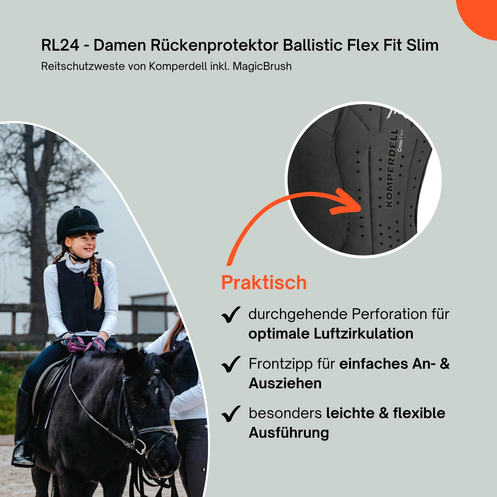 RL24 - Kinder Rückenprotektor Komperdell Ballistic Champion Junior inkl. Putzschwamm – Protektorenweste – ergonomisch & leicht – seitliche Schutzzonen – 2 Farben – Gr. 116-152
