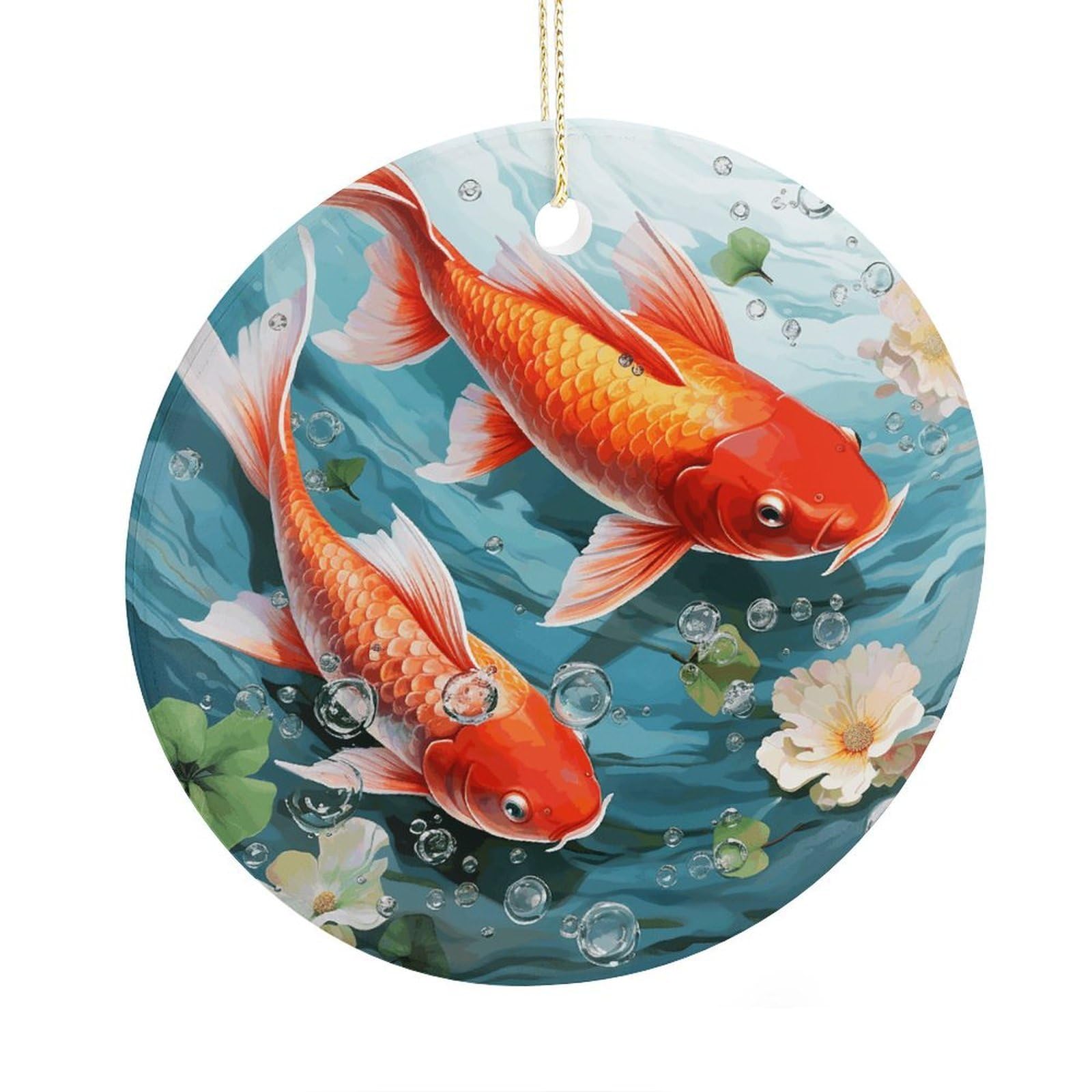 Fekiloot Style Japanese Pretty Red Carp Fish Christmas Ornaments 2.9 Inch Round Ceramic Ornament Keepsake Thank You Gifts For Office, Room, Home - Holiday Present Ideas
