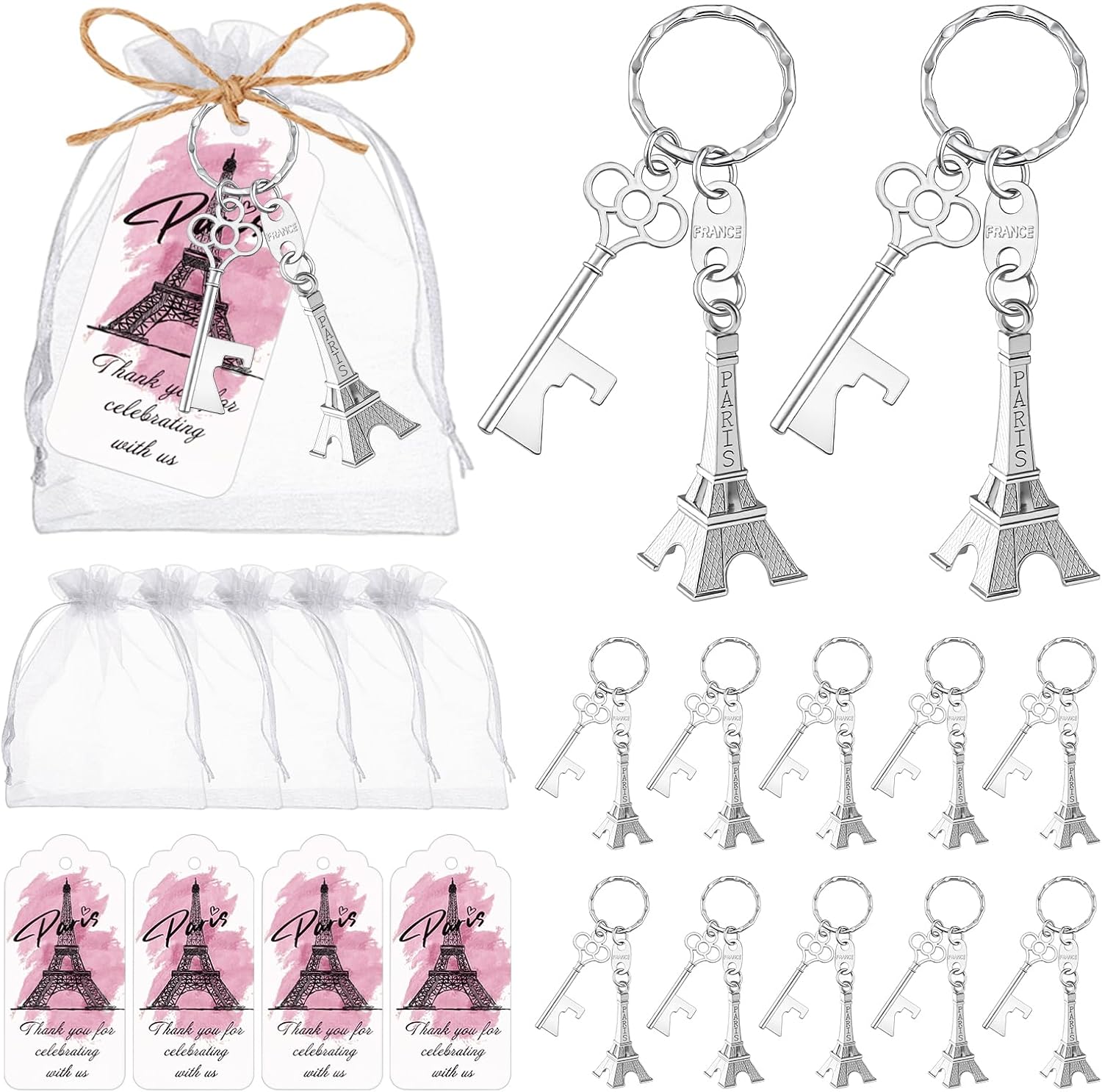50 Sets Eiffel Tower Bottle Opener Keychains, Frech Themed Paris Party Favors for Guests with Thank You Cards and Organza Bags