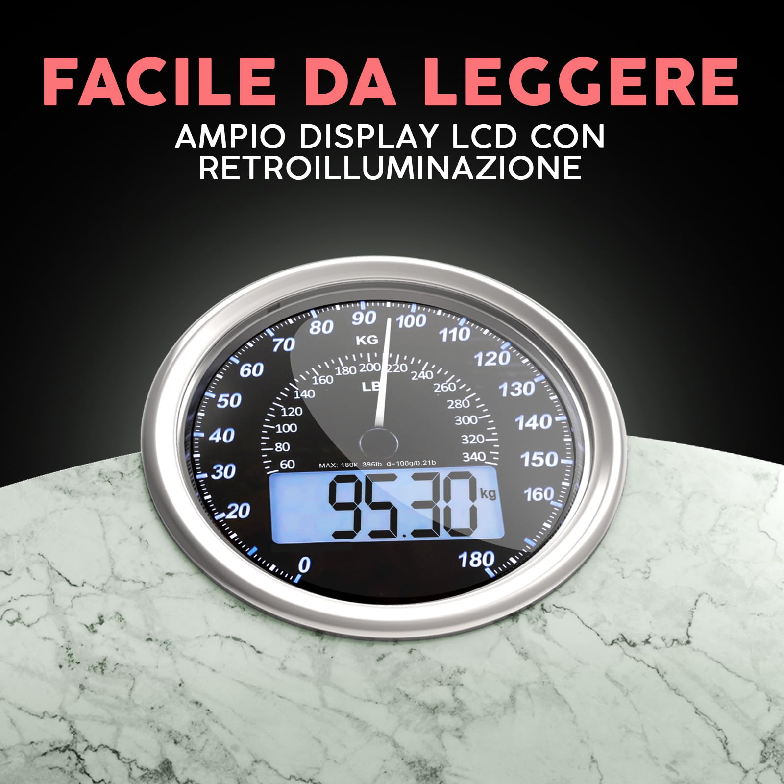 Hybrid Bilancia Pesapersone - Analogica & Digitale, Precisa fino a 180 kg | Leggete il peso su quadrante analogico e LCD insieme. Piattaforma larga, 3 batterie AAA incluse, pronta all'uso.