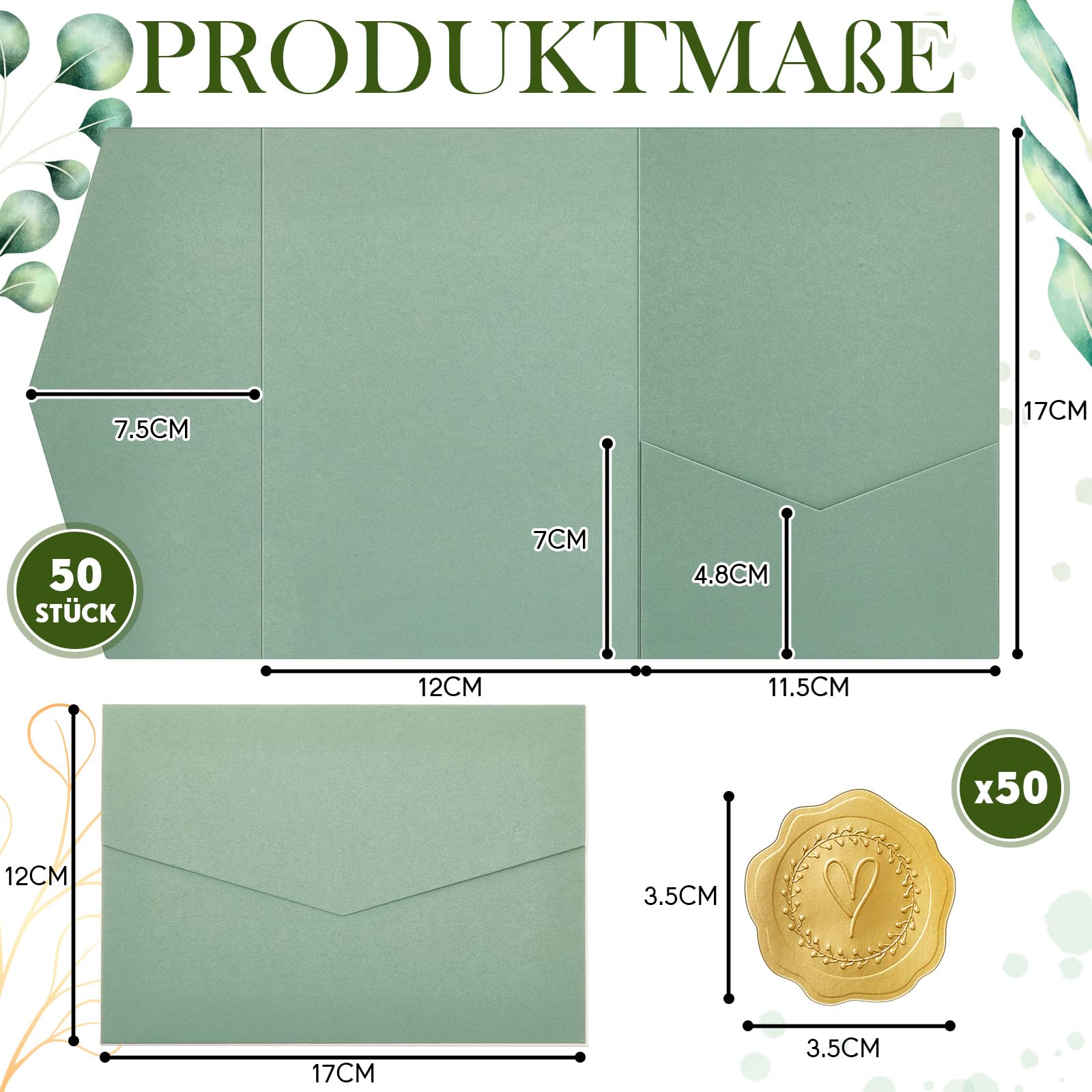 Tenare Sobres de Papel Plegables y Sellos de Cera Autoadhesivos para Sobres DIN A6 Tarjetas de Invitaciones de Boda Tarjeta de Boda de Cumpleaños(Verde Claro,50 Unidades)