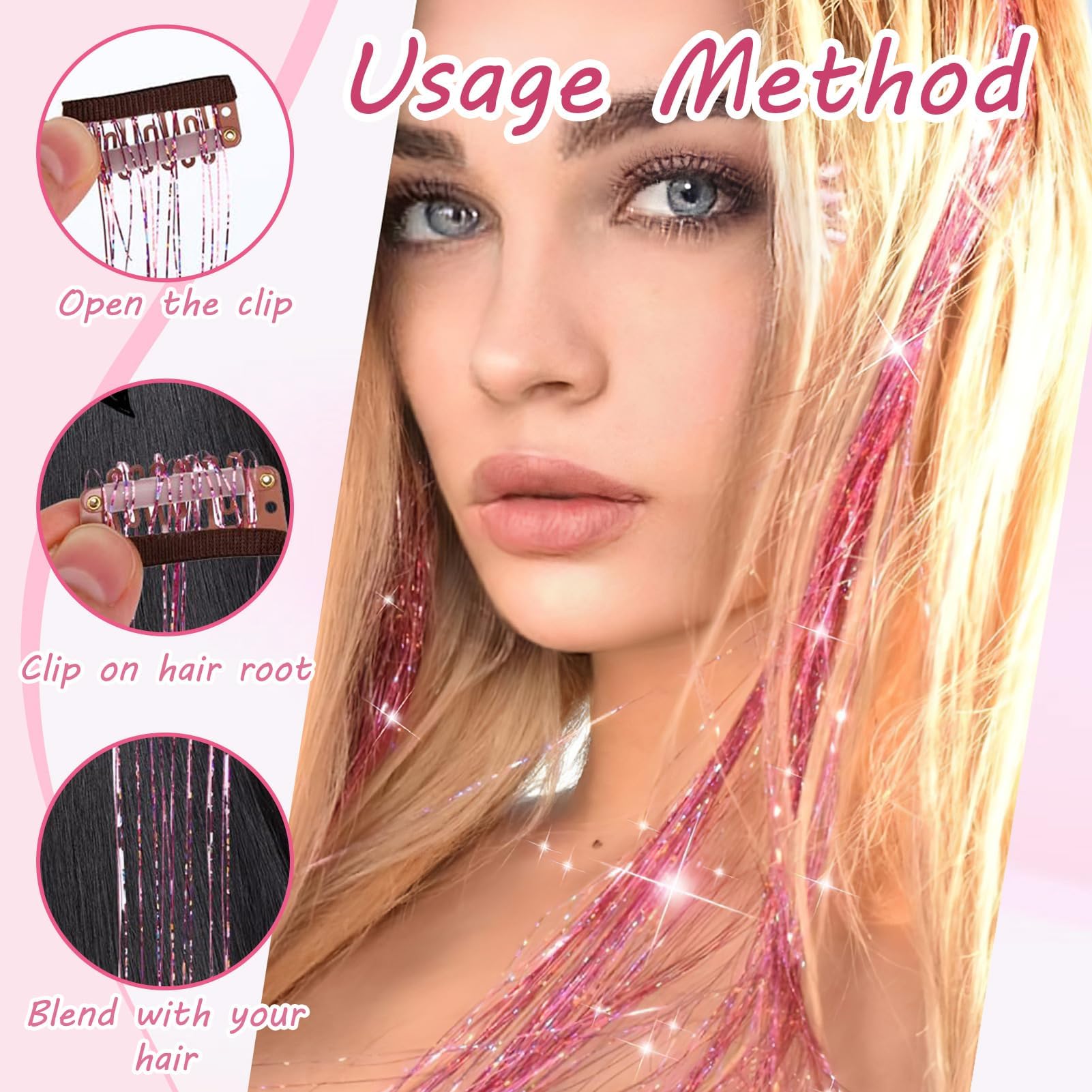 6pcs Pink Hair Tinsel Extension Clips Kit - Image 4