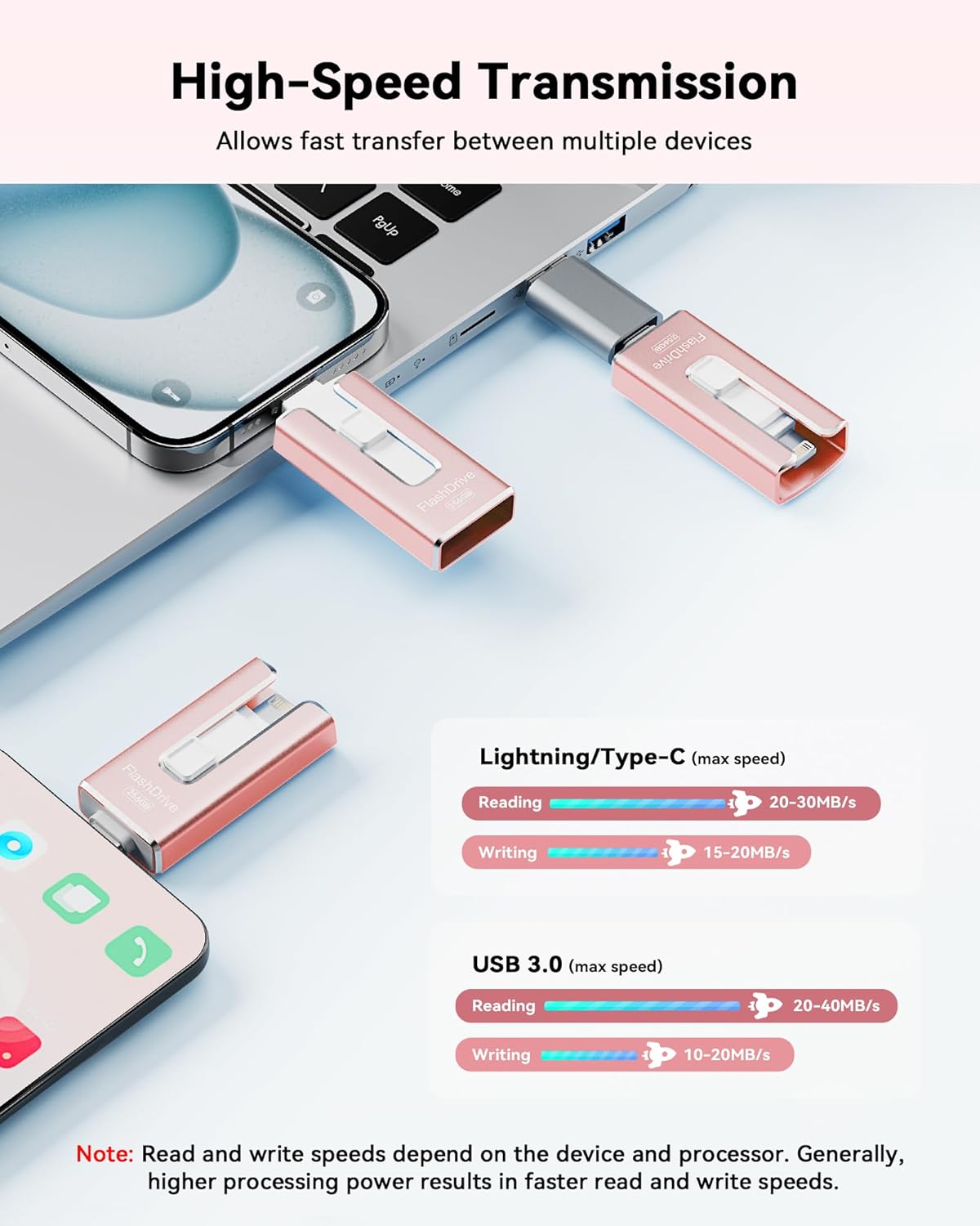 MFi Certified 256GB Flash Drive for iPhone, 3 in 1 Type-C USB Memory Stick Thumb Drive for Photos Videos, High Speed External Memory Storage Photo Stick for iPhone iPad Android PC (Rose Pink) - Image 3