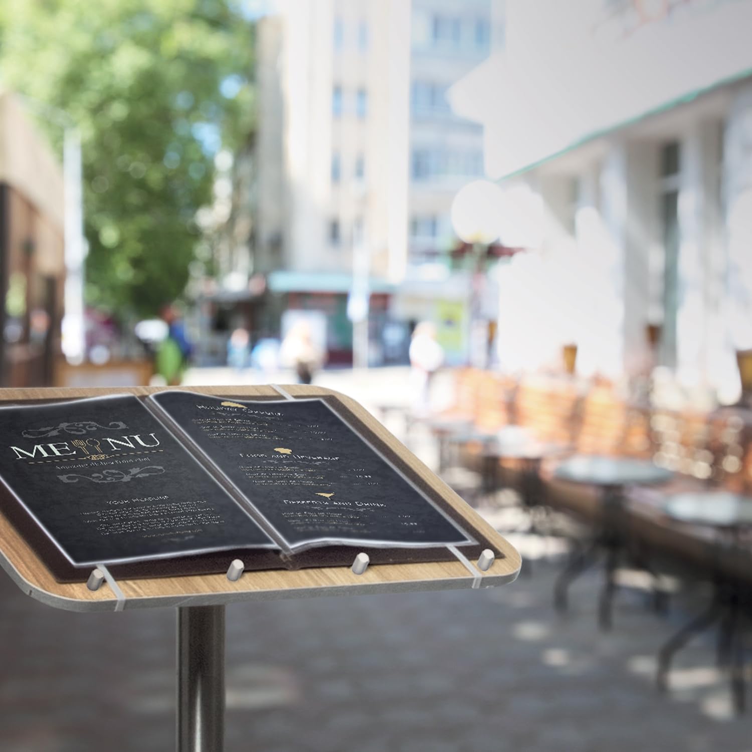 SECURIT - Leggio Porta Menu con Palo e Base - Per Caffè, Ristoranti, Bar, Negozi - Legno Laminato con Base in Acciaio Inox - Quattro Perni in Metallo e Elastici Inclusi - Teak