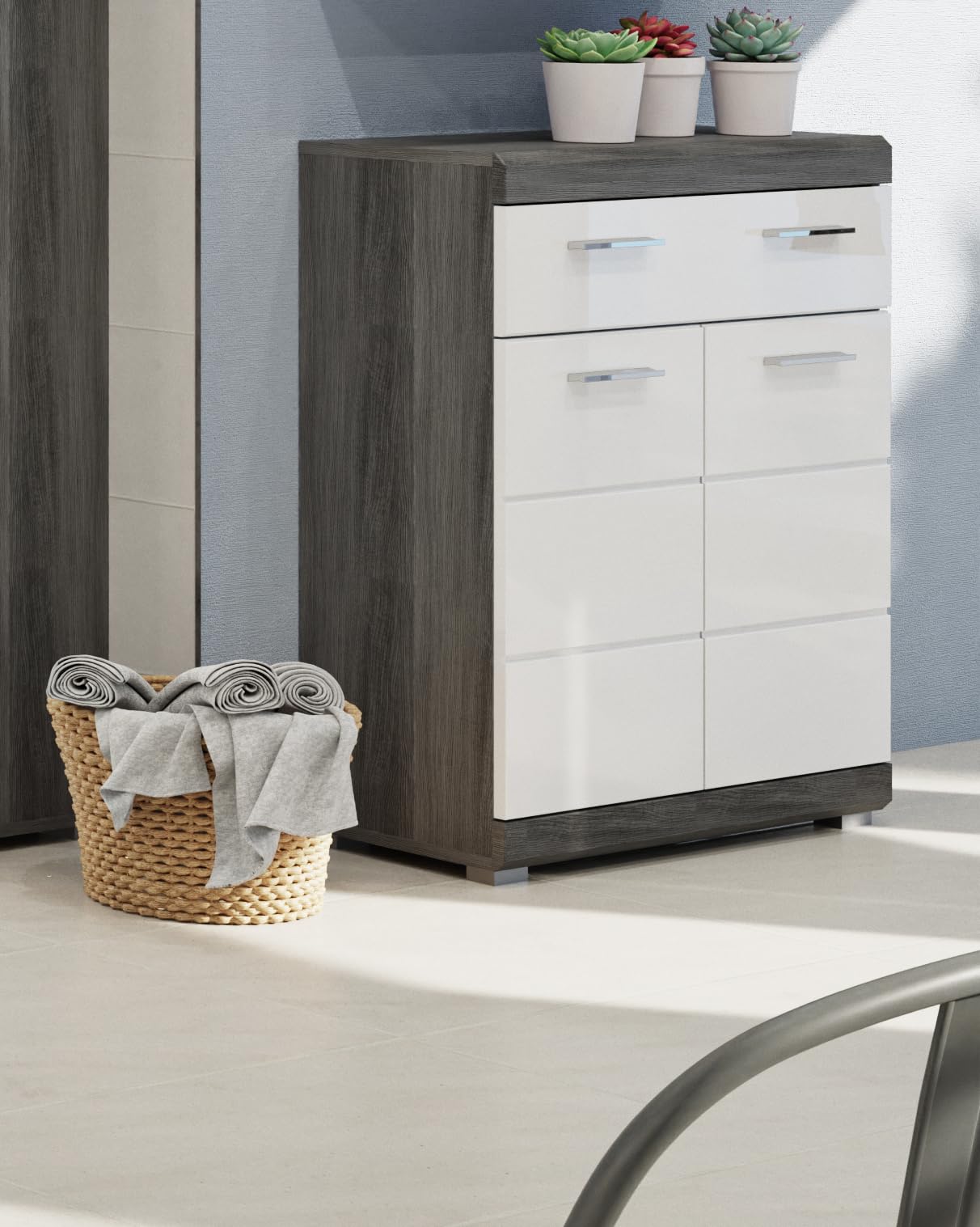 xonox.home - Standschrank breit Scout 74x88x31 cm in rauchsilber und weiß Hochglanz - Midischrank Badschrank Unterschrank Badezimmerschrank - Zeitloses Design und erstklassige Qualität – Bild 3