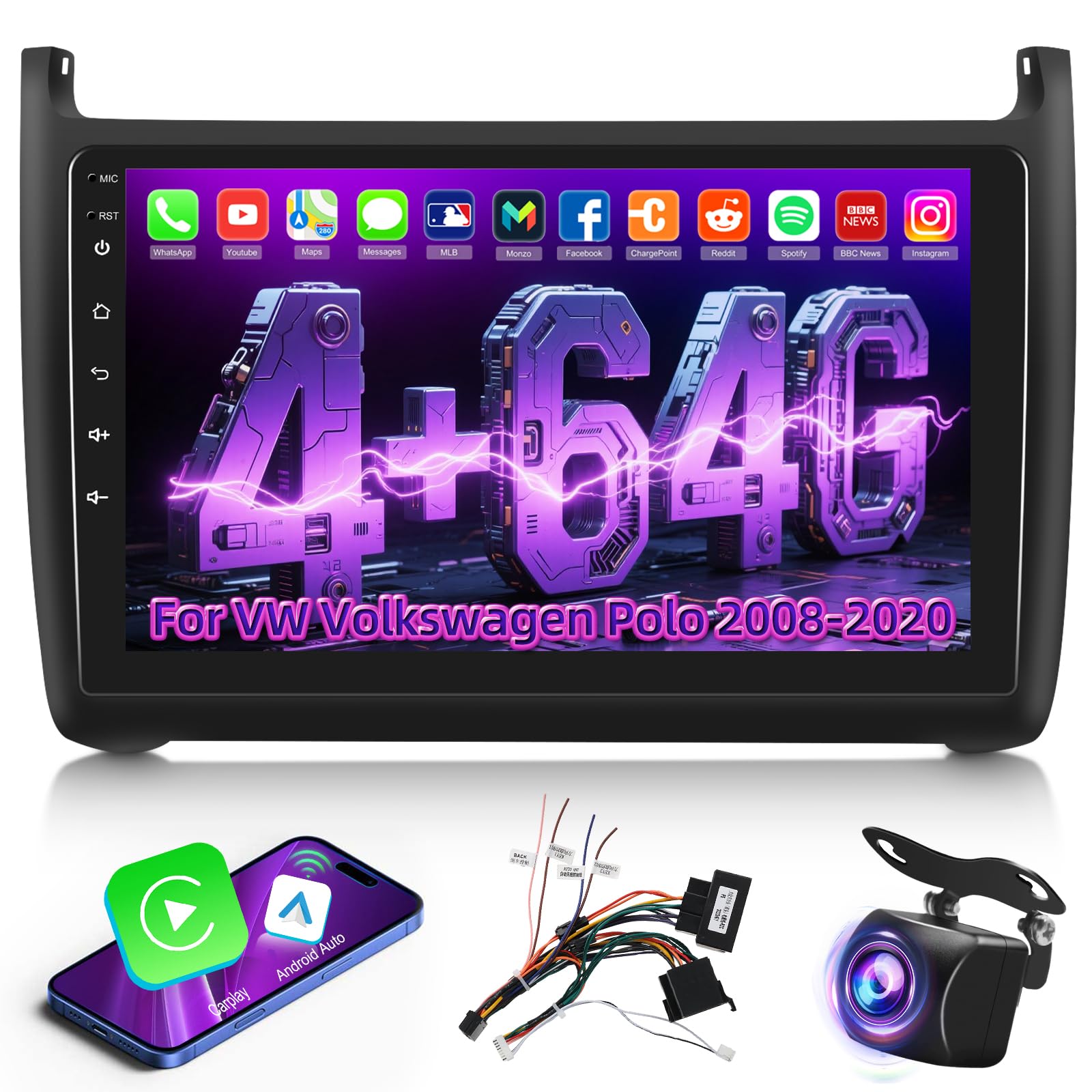 4G+64G Autoradio pour VW Volkswagen Polo 2008-2020 + Carpla & Android Auto | Android Écran Tactile IPS 9 Pouces avec GPS, WiFi, 32EQ, Bluetooth 5.0, Radio FM/RDS, Carplay & Android Auto Sans Fil