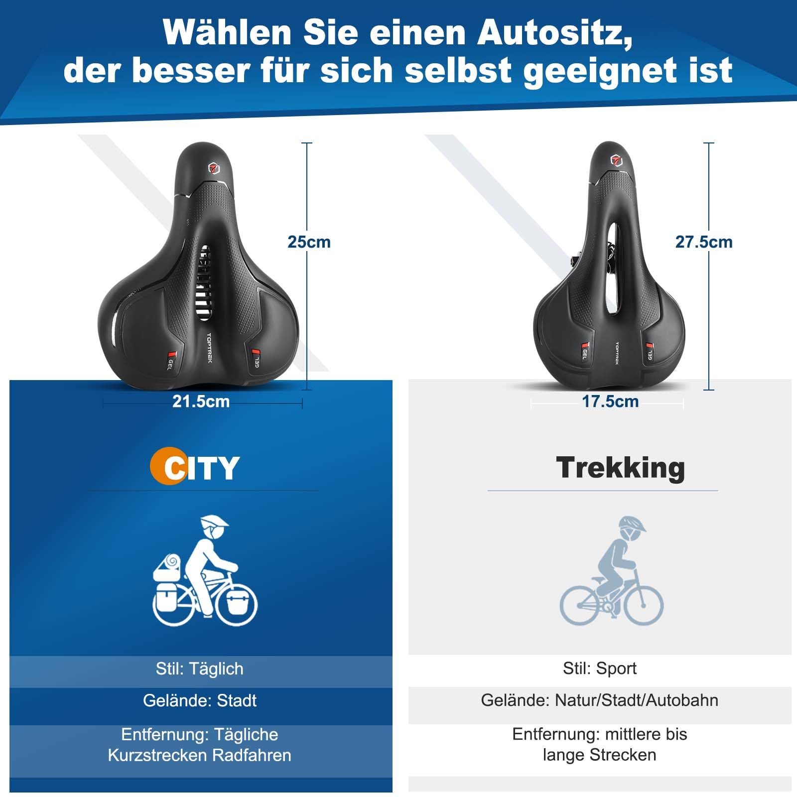 toptrek Selle de vélo pour homme et femme, confortable, douce, ergonomique | Selle de vélo sans douleur | Siège de vélo respirant absorbant les chocs pour vélo électrique, VTT, vélo de route