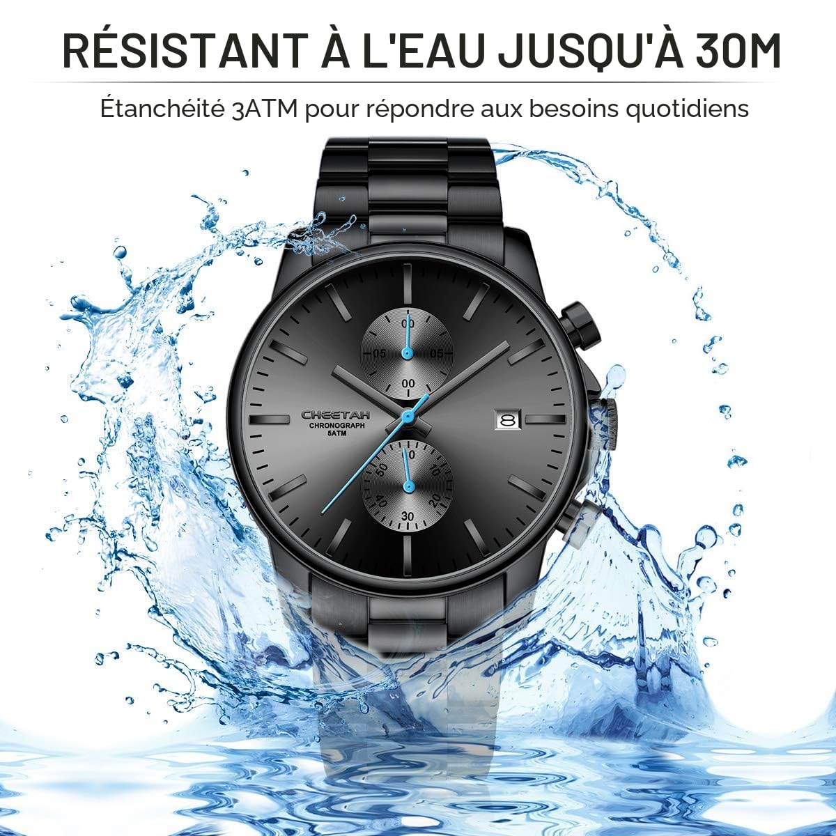 Montres pour Hommes avec Montre à Quartz chronographe étanche décontractée en Acier Inoxydable et en métal, Date Automatique dans des Mains colorée
