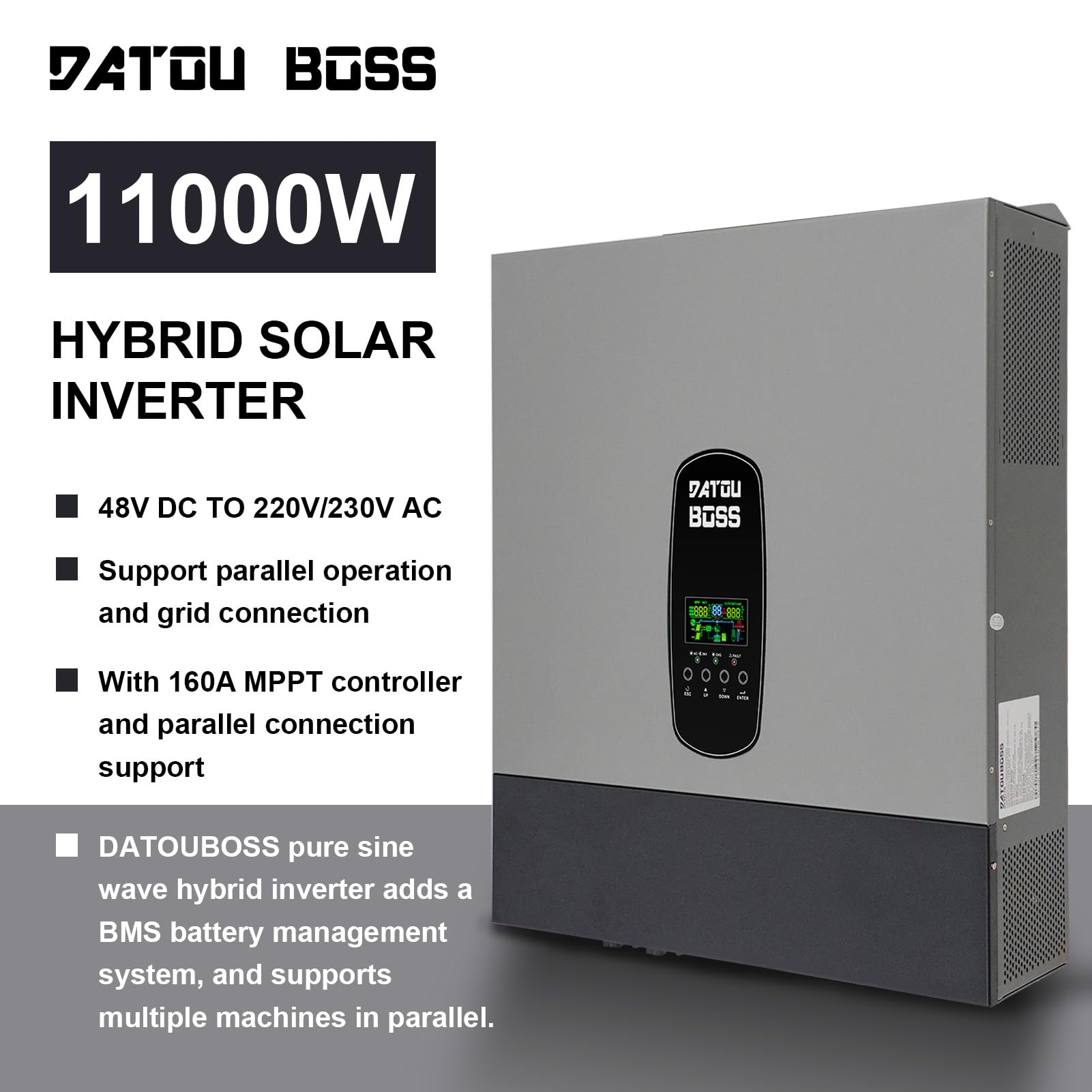 DATOUBOSS 11KW Inverter ibrido 48 V, inverter solare ibrido 48 V, 48 V DC a 230 V AC, supporta la connessione parallela e funzionamento senza batteria, 150 A MPPT,per batterie al piombo e acido al