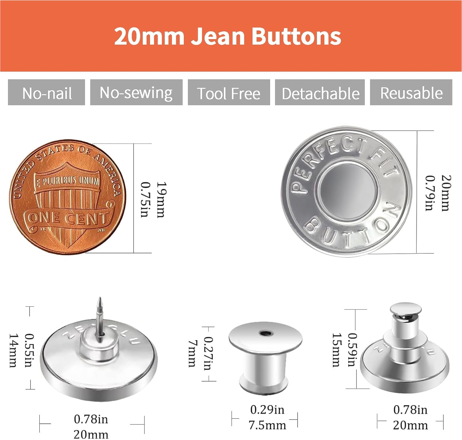 ZENGLU 12pcs 0.79” Diameter/20 mm Metal No-Sew Jeans Button Replacement for Loose Fit Jeans, Tighten Waistband, Replacement Clothing Buttons(Silver Color) - Image 2