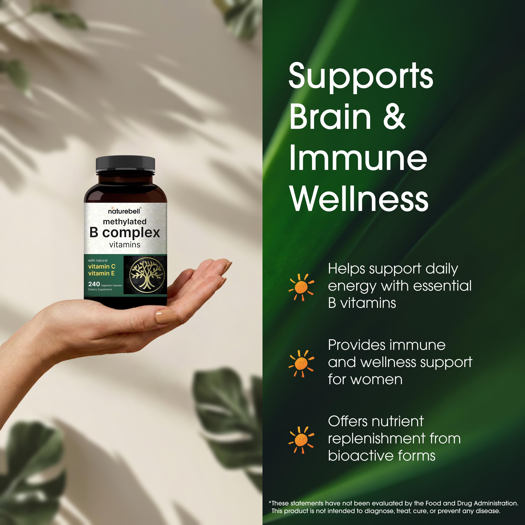 NatureBell Methylated B Complex Vitamins - 240 Vegetarian Capsules - High Bioavailability 12-in-1 Formula - for Immune Health & Energy Support* - Non-GMO & Gluten-Free — Amazon image 4