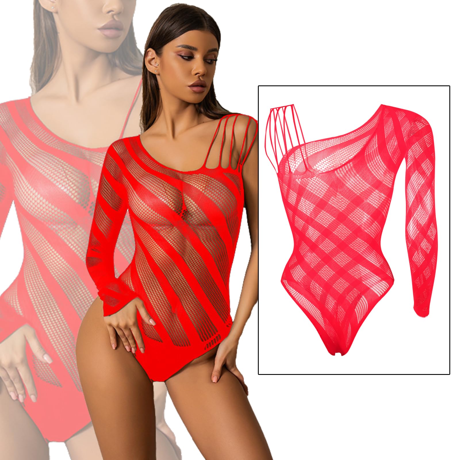 ZWCHGJ Body damskie, Body kabaretki Przezroczysta siateczka Trykot w paski Prześwitujące stringi Top Na jedno ramię Wycięcia Kombinezon Bodycon Teddy Catsuit, impreza, klub, wyjście