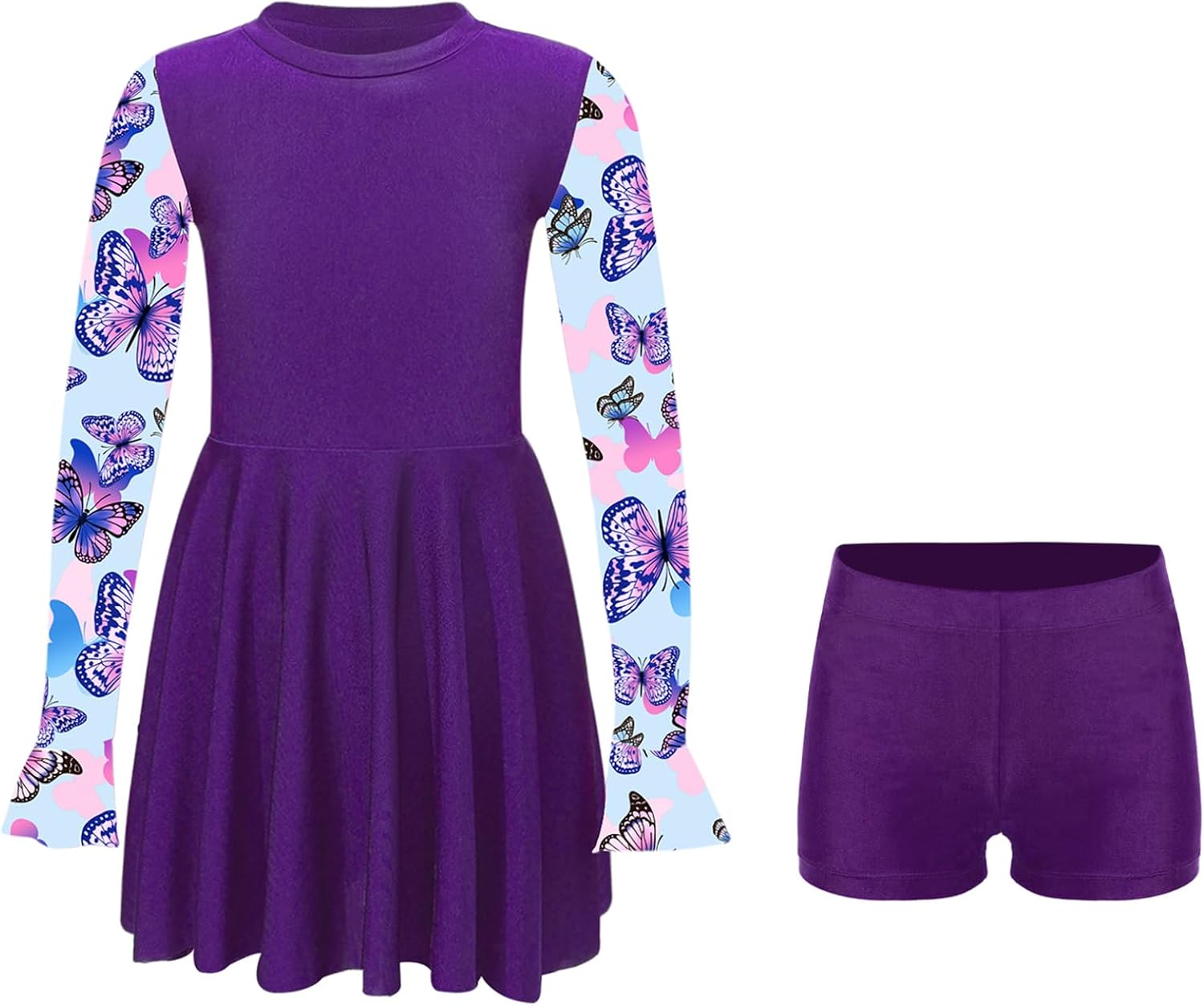 Girls 2 Pieces Swimsuit Printed Flared Cuffs Dress Swimwear with Shorts Bathing Pool Outfit