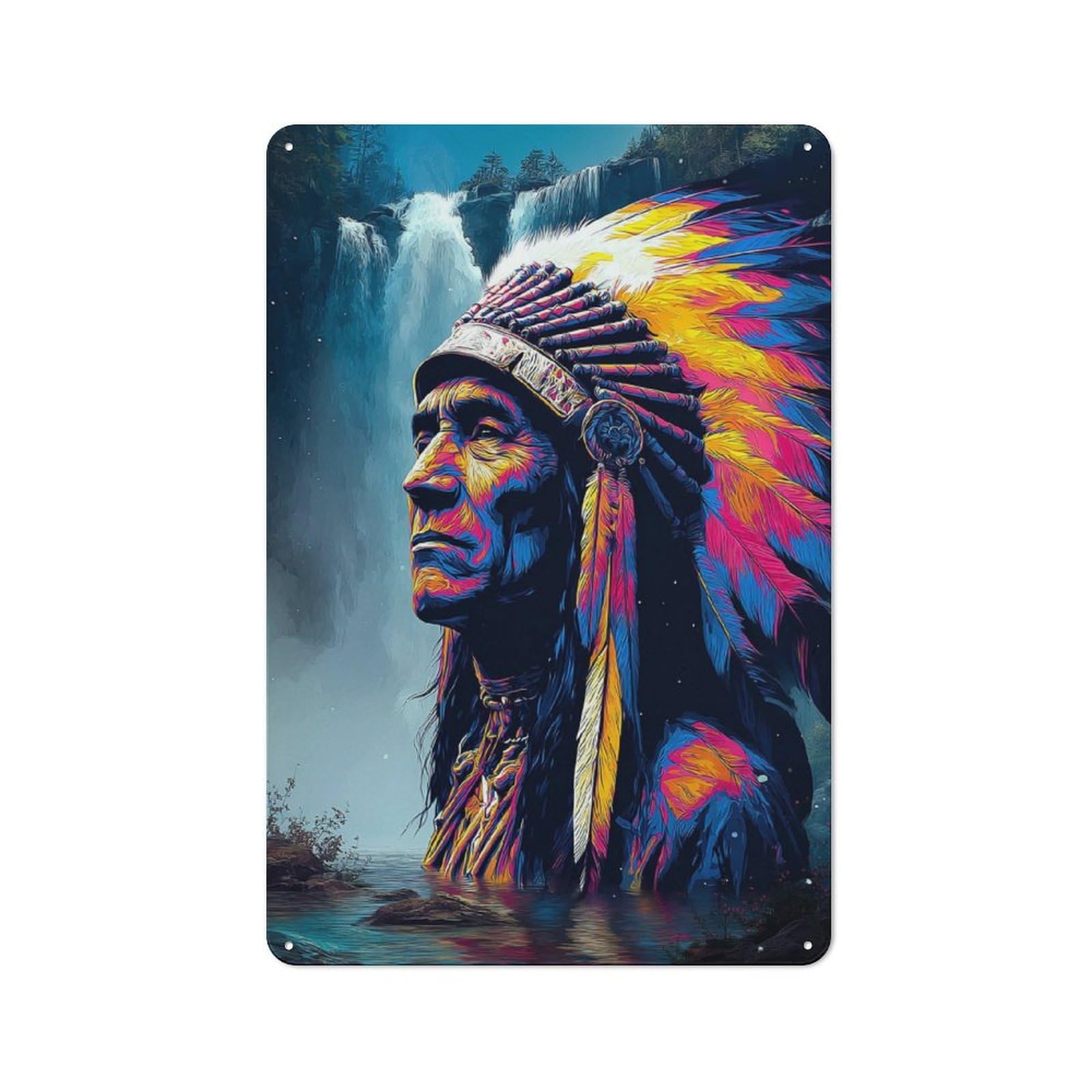 Junmoney Colorful Native American Chief With Feathered Retro Headdress Metal Gift Sign 30X20cm, Small Space Decor For Bedroom, Kitchen, Office Or Living Room