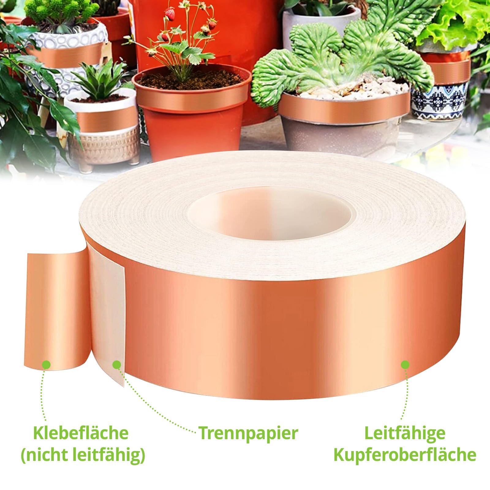 Dvifzu Slakkenbescherming, koperen band tegen slakken voor tuinen, verhoogde bloembedden, 50 mm x 20 m koperband, zelfklevend, koperfolie, afschermband, slakkenband, slakkenafweer