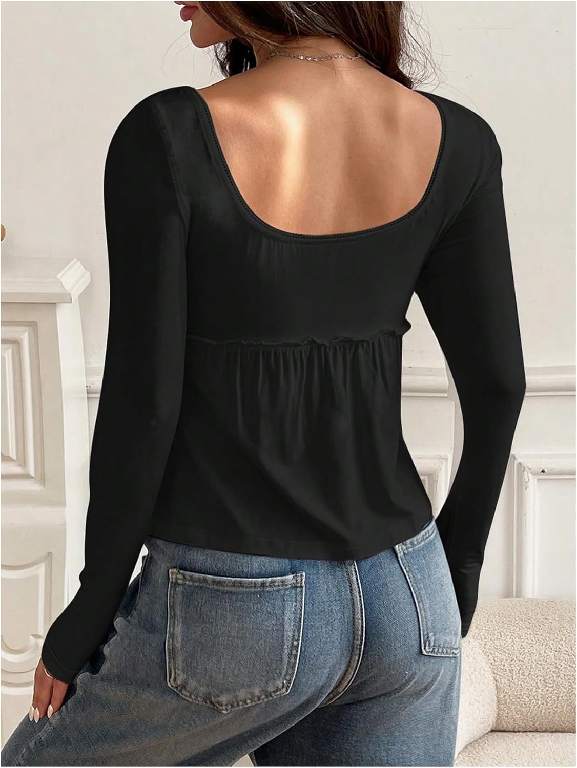 SOLY HUX Women's Babydoll Tops Long Sleeve Henley Shirts Cute Square Neck Coquette Peplum Top - Image 2