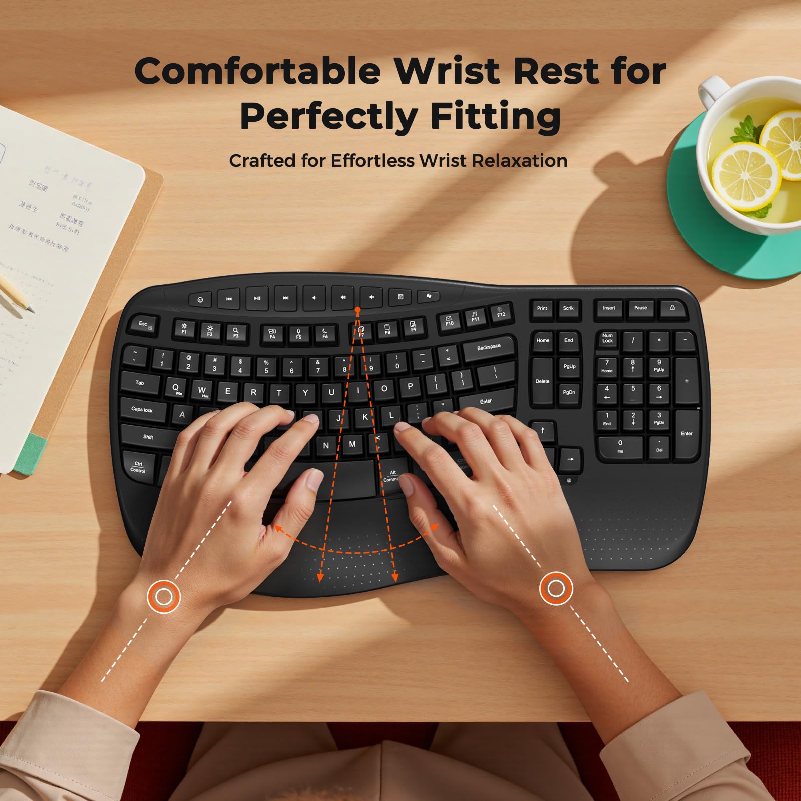 Doci Tastiera ergonomica senza fili, tasti ondulati, tastiera di digitazione naturale, ricevitore cordless USB-A 2.4G e adattatore USB-C, tastiera per computer Ergo, Windows/Mac/PC/laptop, nero