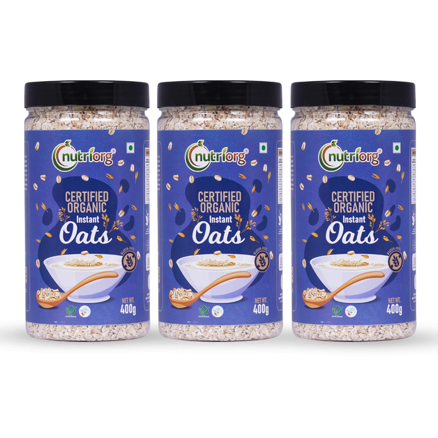 Nutriorg Organic Instant Oats 1.2Kg (Pack of 3 x 400 gm) | Gluten-Free for Weight Loss | High Fiber & Protein-Rich | Ideal for Oatmeal, Dalia, and Overnight Oats