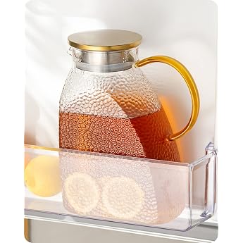 Baffect Water Jug, Carafe Glass with Stainless Steel Lid, Leak-proof Fridge Door Carafes for Hot or Cold Drinks (1.8 L / 63 oz.