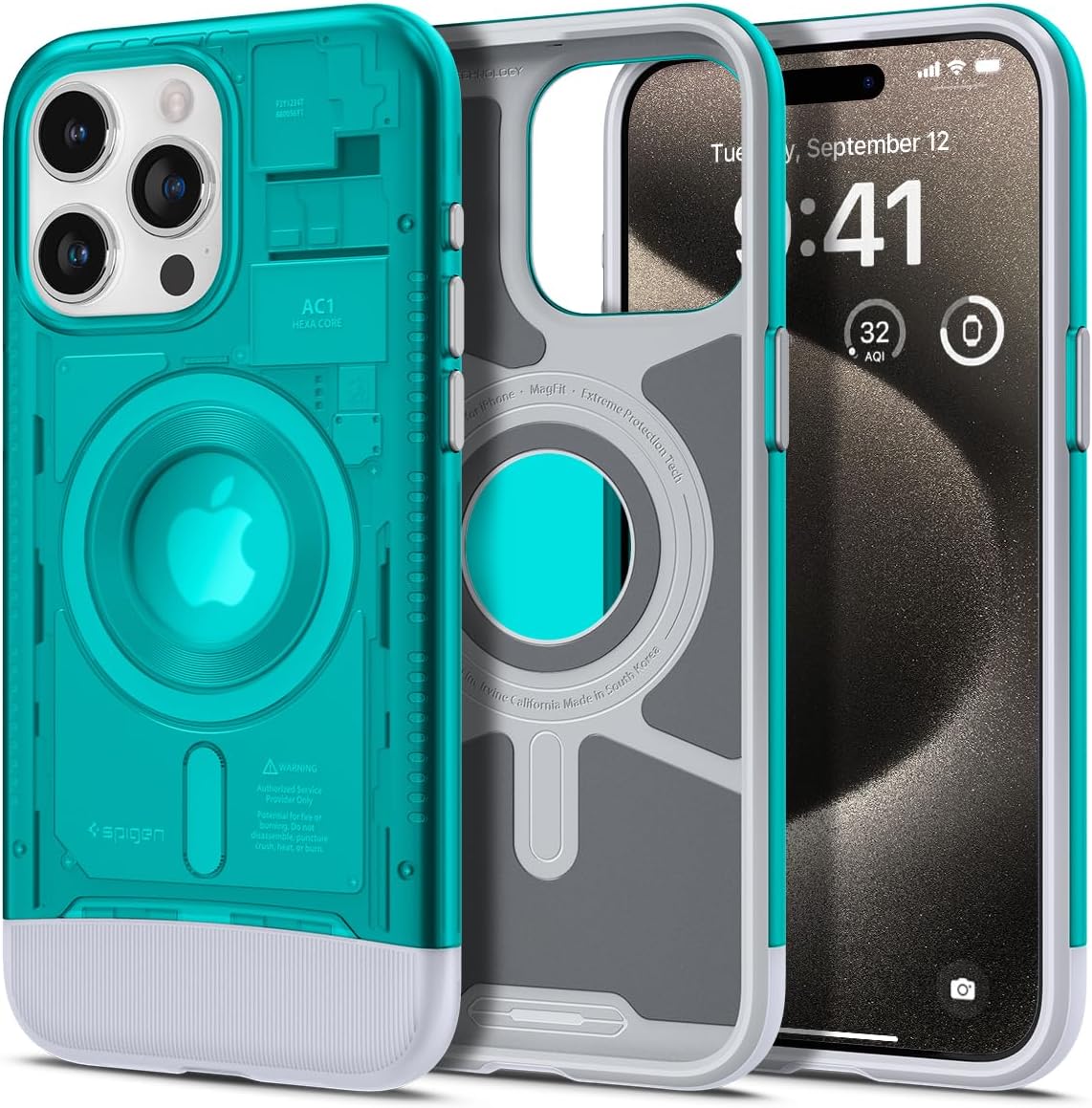 - Spigen Classic C1 MagFit Back Cover Case Compatible with iPhone 15 Pro Max (TPU + Poly Carbonate | Bondi Blue)