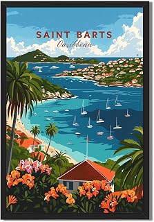 Saint Barts Caribbean Poster Art Print, Modern Pictures Wall Decor, Elegant Beach Landscape Canvas Print Art, Travel Painting for Living Room, Bedroom, Apartment Decoration (Black Framed,12L X16W)