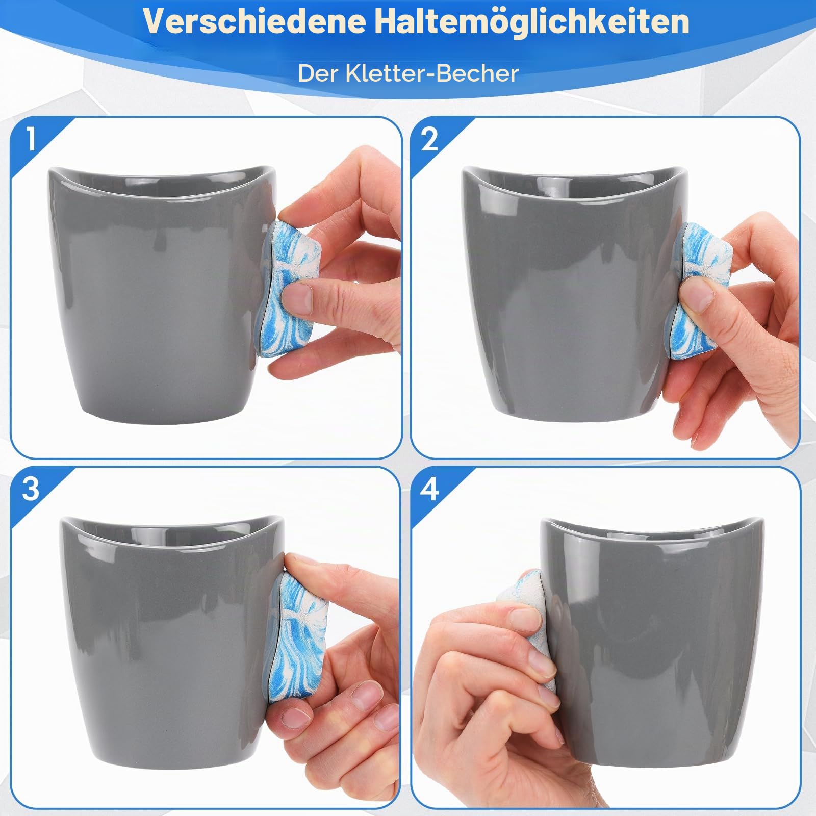 Rock Climbing Mug, Keramikbecher mit Klettertrainingsgriffen, Kletterhaltebecher mit sehr realistischen Klettergriffen, Blau-Weißer Griff, M1-BW