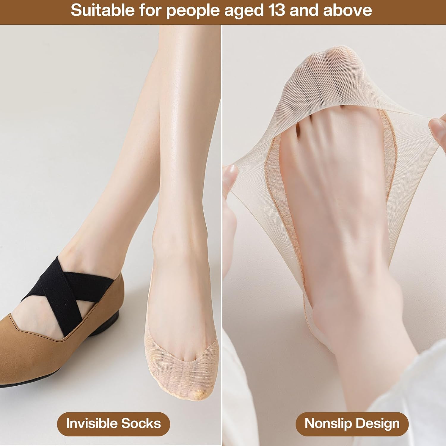 Nogeqi 4 Pairs No Show Socks Womens for Flats, Non Slip Ultra Low Cut Footie Liner Socks, Invisible Sock for Women Boat Shoe, Size 9-11 (Nude)