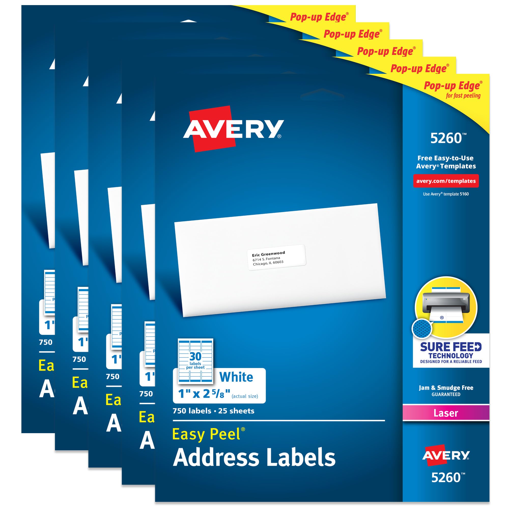 AVERYEasy Peel Printable Address Labels with Sure Feed, 1" x 2-5/8" Customizable Stickers, White, 3,750 Blank Mailing Labels, Great for Mailing, Shipping, and More (5-Pack of 5260)