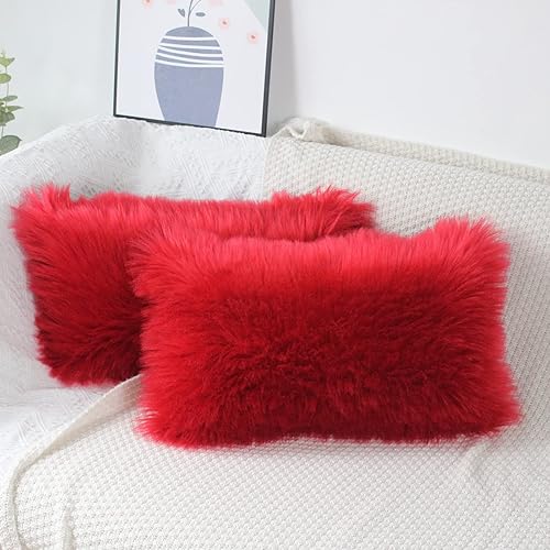 OYIMUA Juego de 2 fundas de almohada decorativas esponjosas de 12 x 20 pulgadas, fundas de almohada de pelo sintético de lujo de granja de lujo,