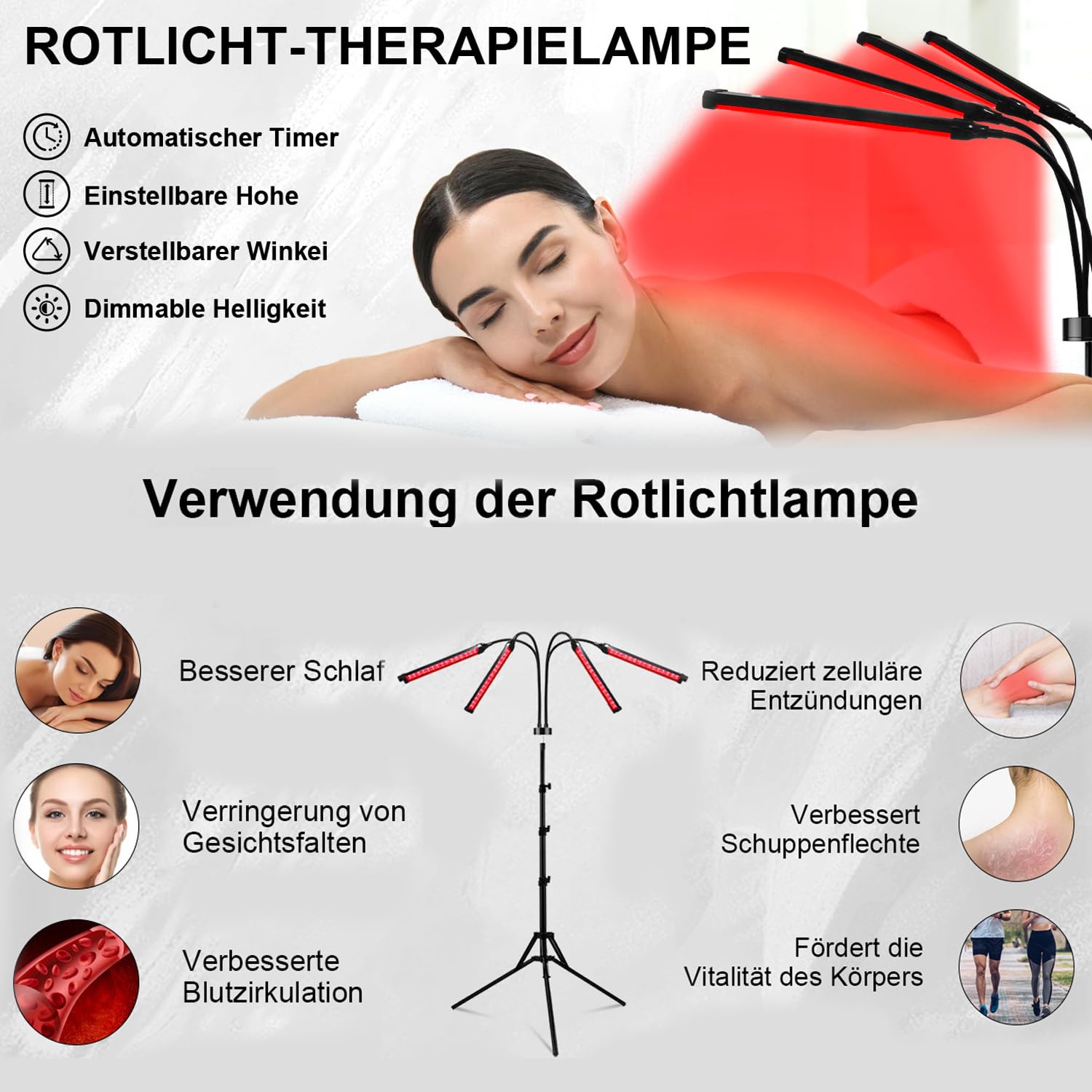 Rotlichtlampe mit Ständer, 4 Köpfe 660nm & 850nm Infrarotlampe mit 240 LEDs und 38-152cm höhenverstellbar für Heim und Büro