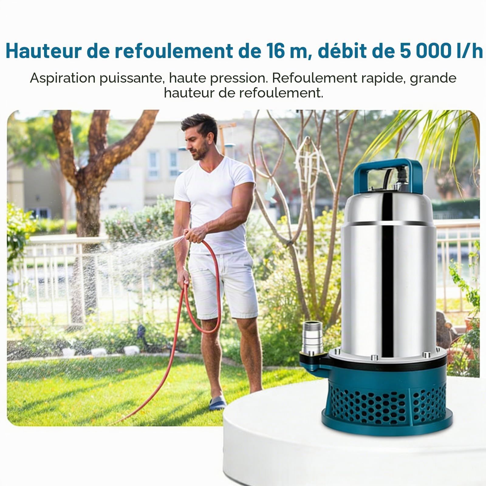 Pompe submersible compatible avec Makita batterie 18V, pompe à eau sans fil avec câble de connexion de 5 m, hauteur de refoulement de 16 m, moteur sans balais (batteries et chargeur non inclus)