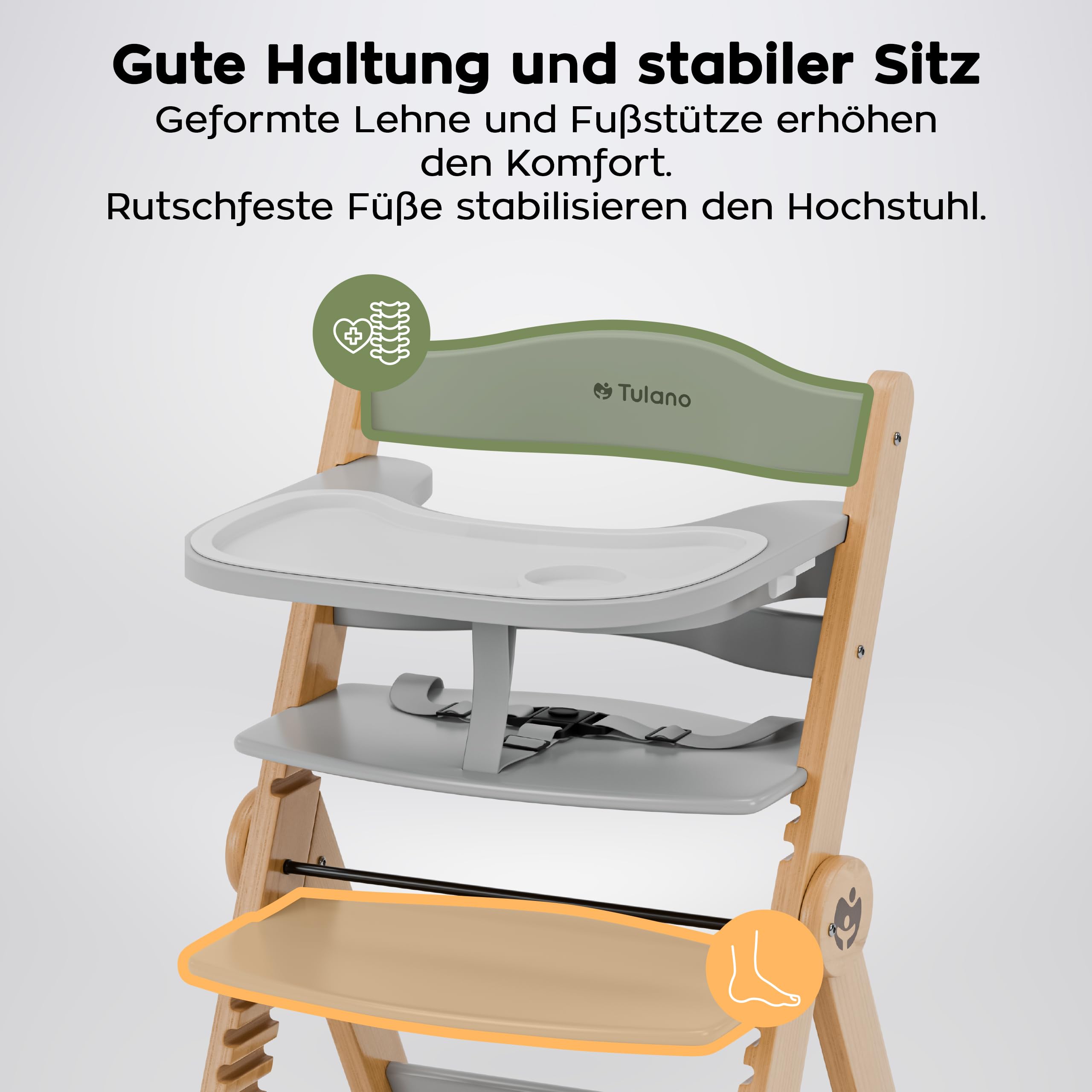 Tulano Morsel 45 Babyhochstuhl 4in1 aus Holz - Klappbar & mitwachsend | 3-Punkt-Gurt - Schutzbügel - Essbrett spülmaschinenfest - Rutschfeste Füße - 6 Monate bis 12 Jahre - Bis 40 kg - Grau